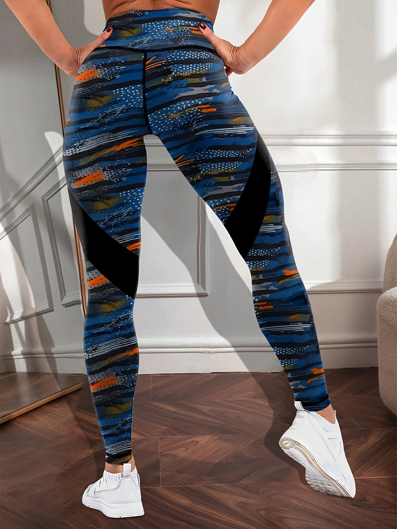 Sports Fitness Yoga Running Leggings, Printed Stitching Cropped Pants With  Pockets, Women's Activewear