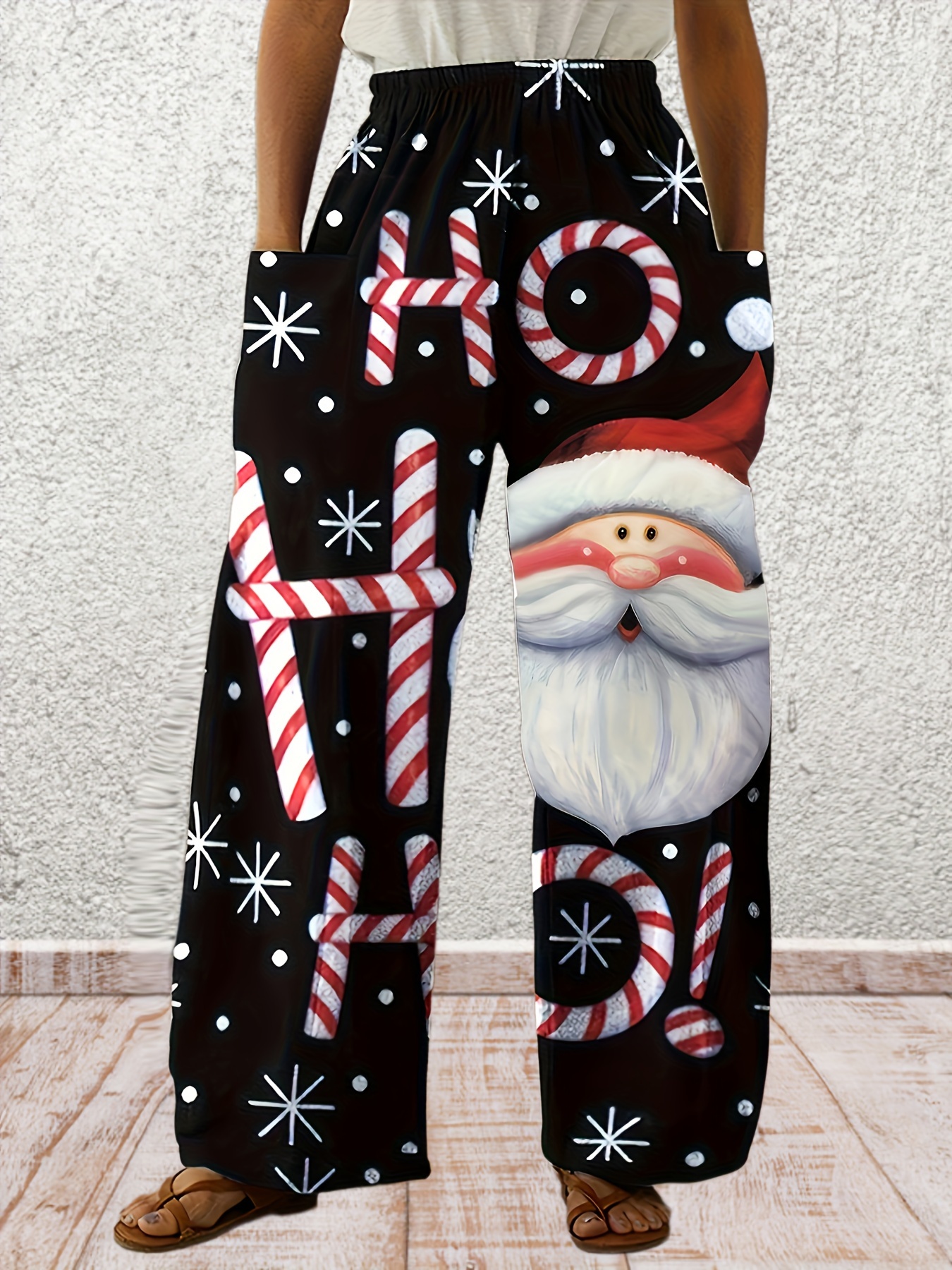 Womens Christmas Pants Winter Plus Size Elastic Waist Wide Leg Sweatpants  Xmas Elk Snowflake Loose Drawstring Pants