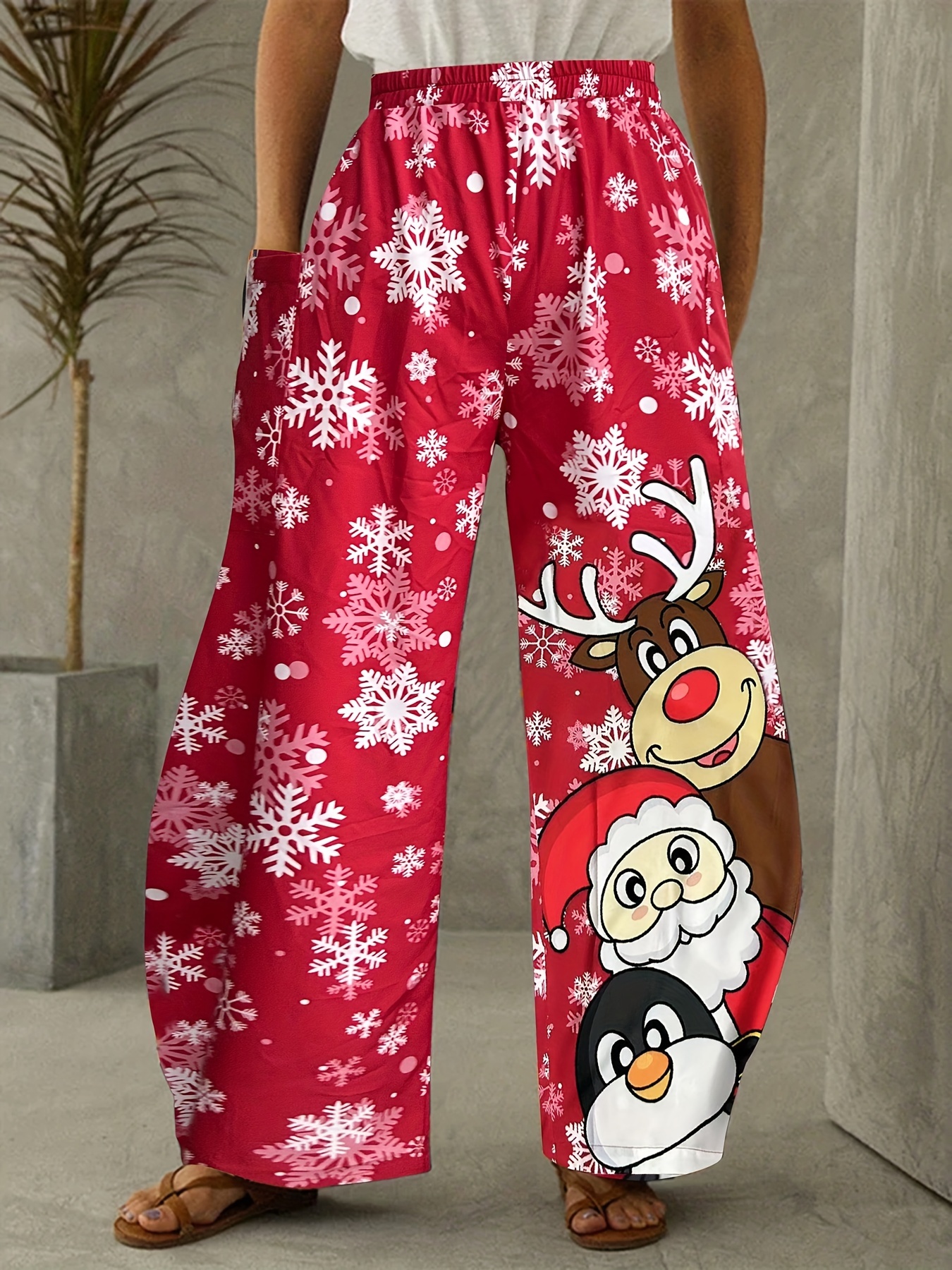 Plus Size Christmas Leggings, Women's Plus Santa Claus & Reindeer Print  Elastic High * Slight Stretch Leggings