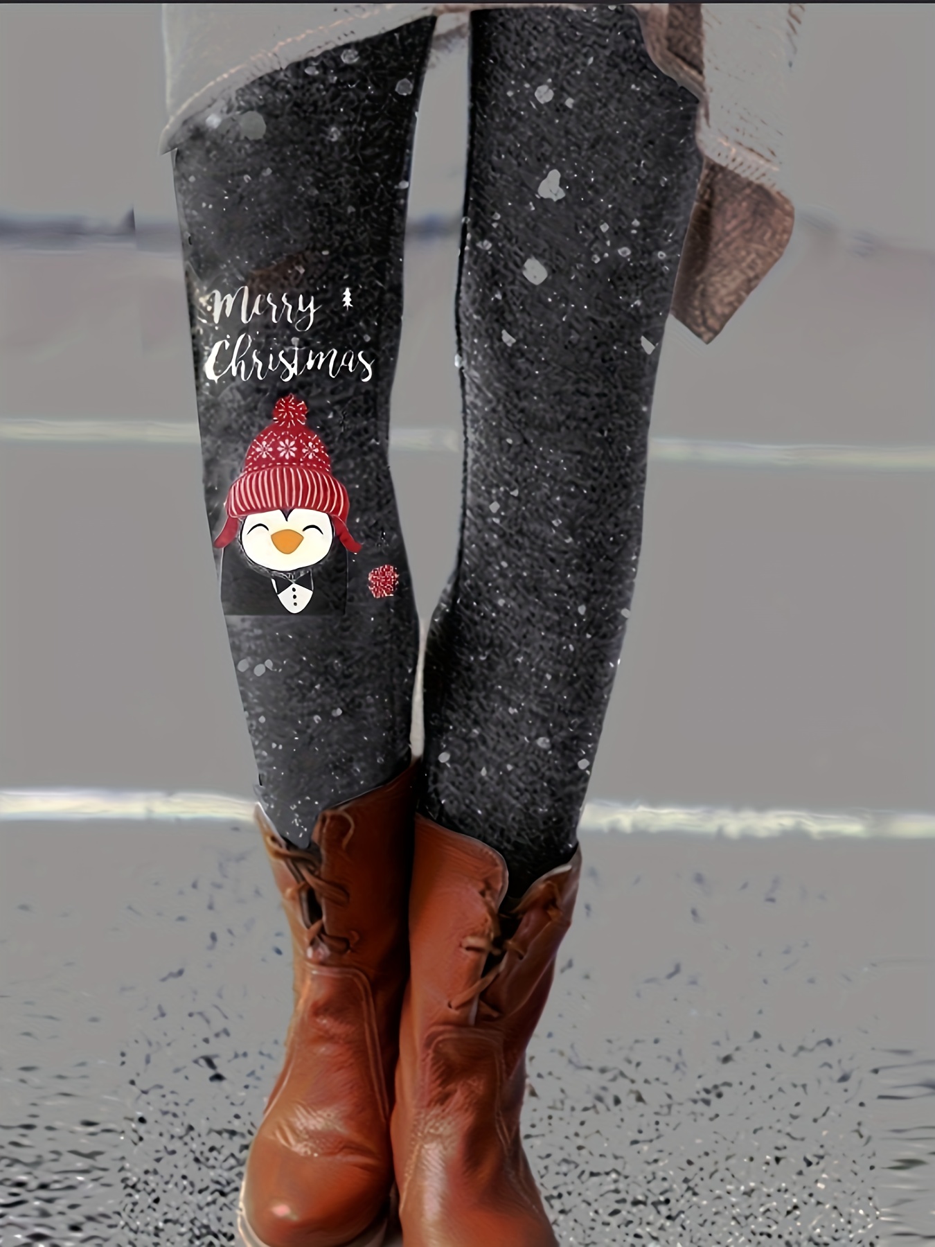 Plus Size Christmas Leggings, Women's Plus Santa Claus & Reindeer Print  Elastic High * Slight Stretch Leggings