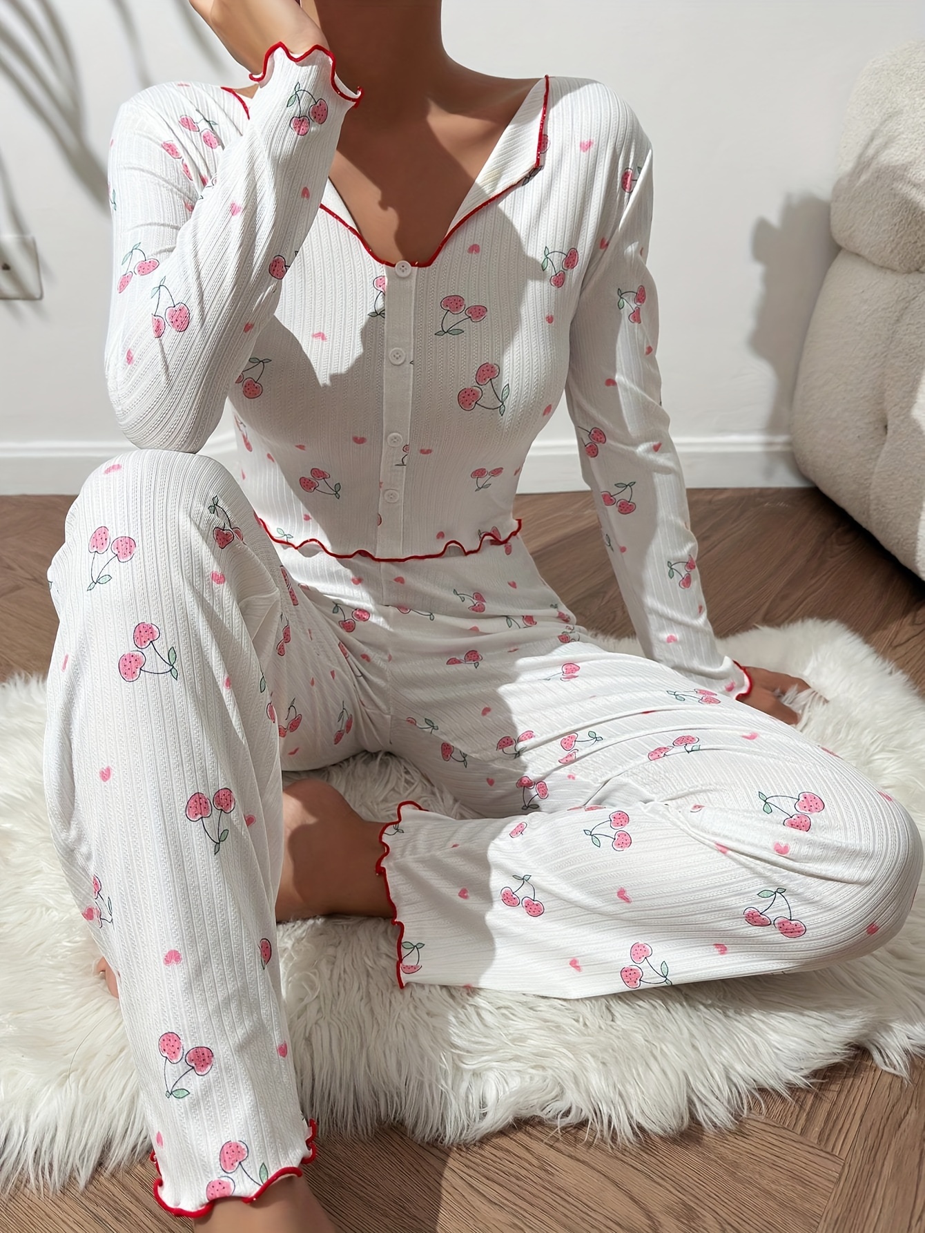 Casual Printed Pajama Set Comfy Solid Short Sleeve Crew Neck