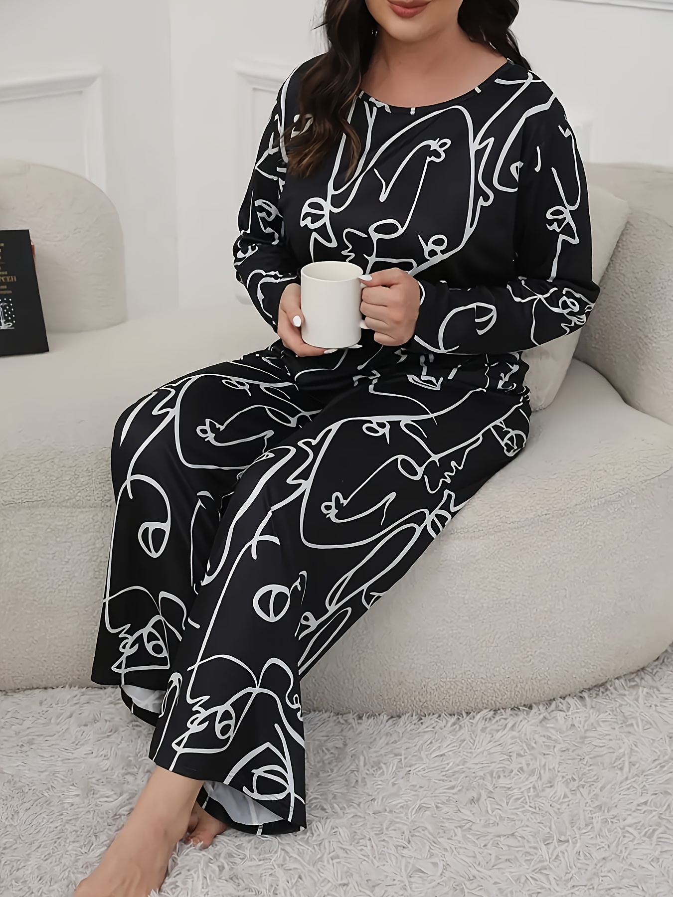 Abstract Striped Pajama Set Long Sleeve Button Top Elastic - Temu