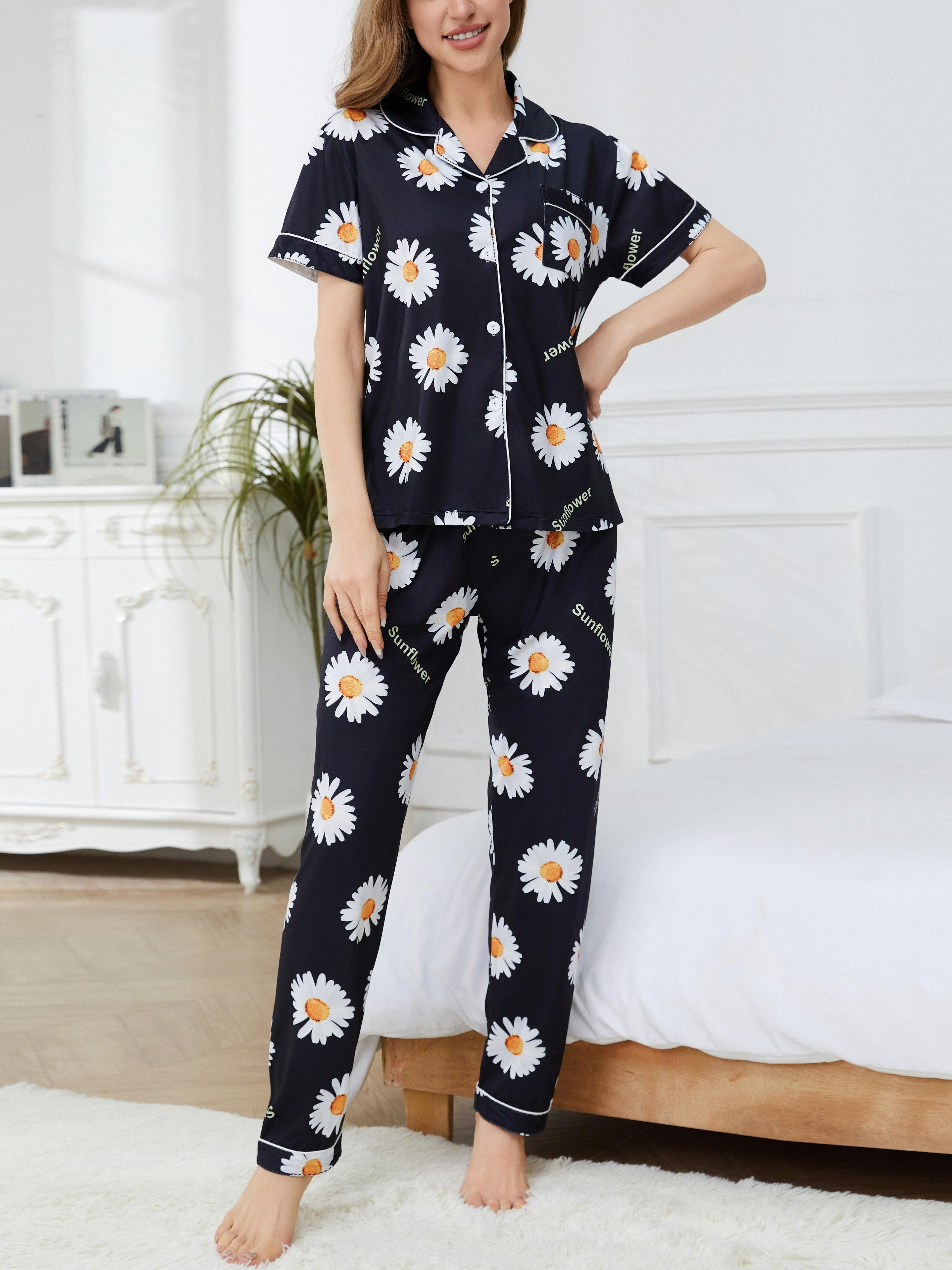 Cute Floral Print Pajamas, Short Sleeve Pajama Top & Pajama Pants, Women's  Loungewear & Sleepwear