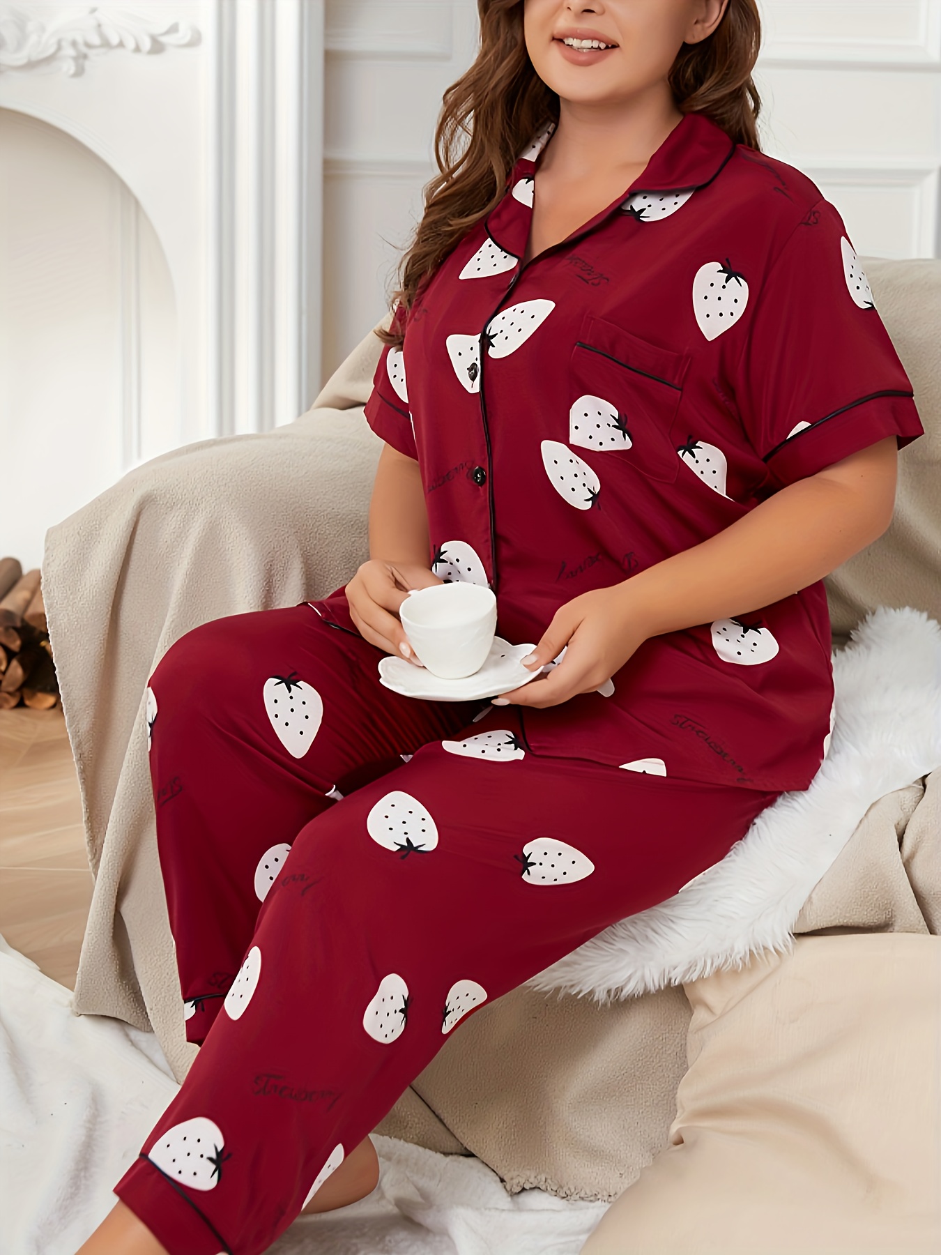 Plus Size Satin Long Sleeve Button Up Shirt & Pants Pajama Set, Women's  Plus Comfortable Sleepwear 2pcs Set