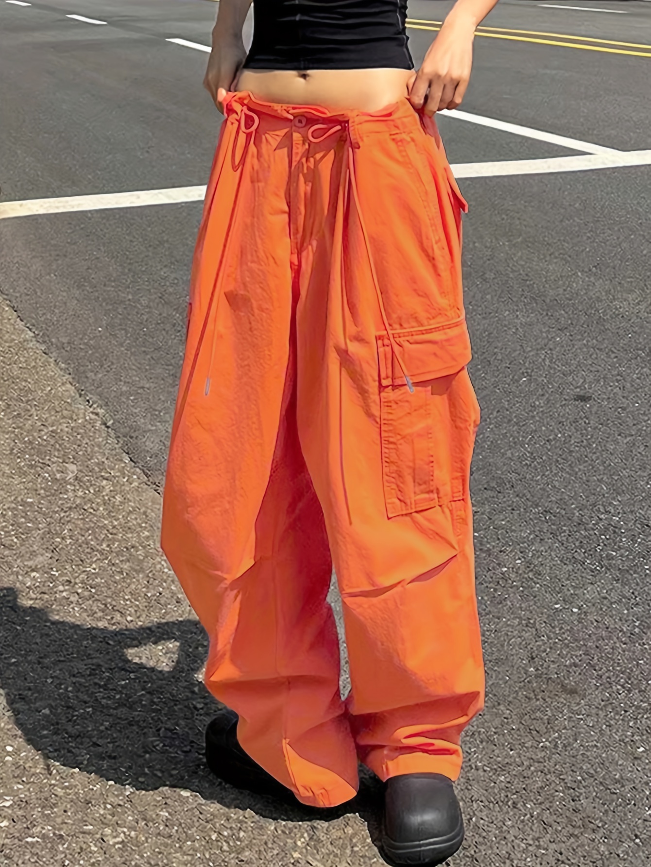 Pantalones cargo neón naranja con bolsillo con solapa de cintura con cordón, Moda de Mujer