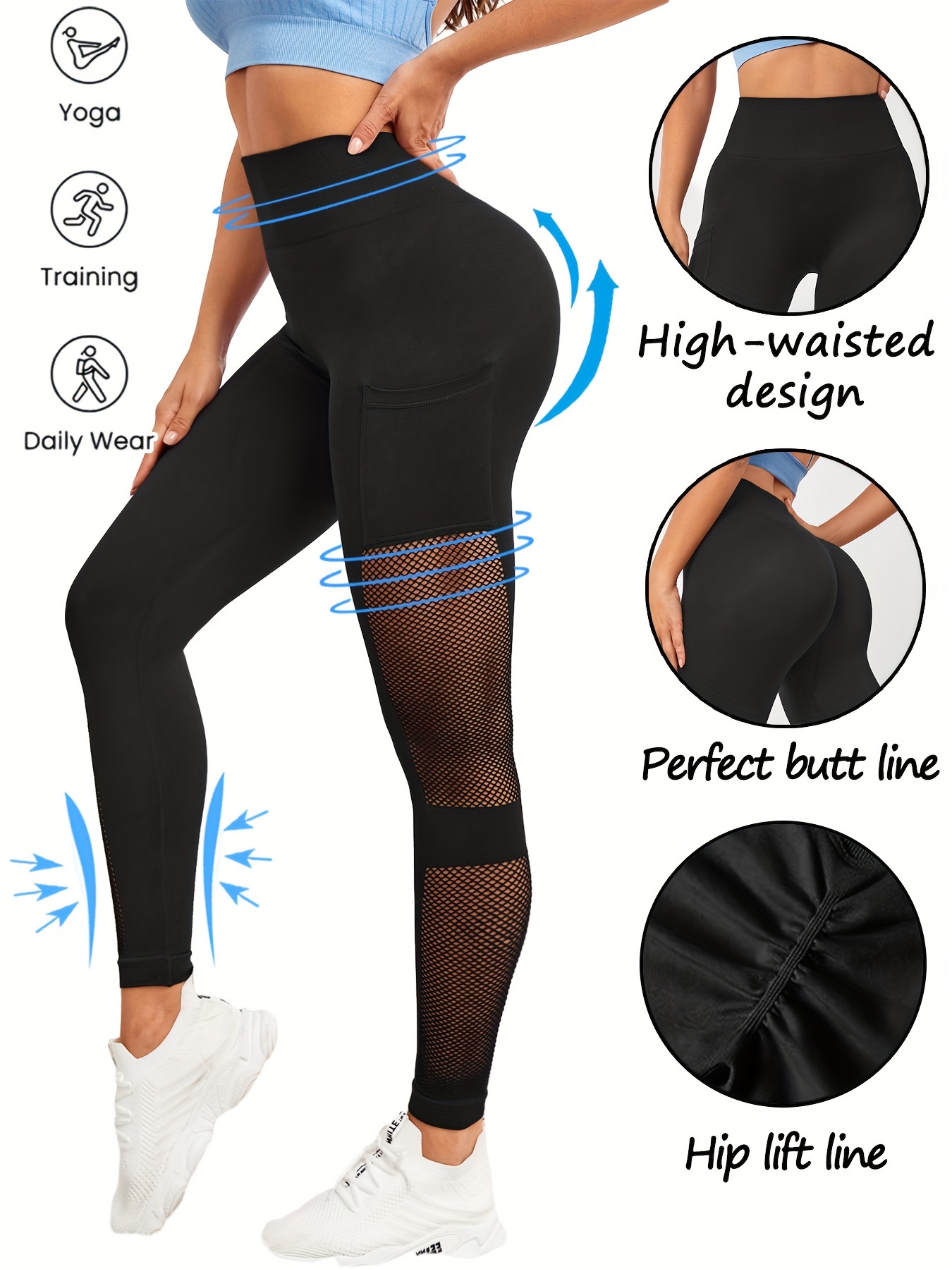 New Mesh Patchwork Leggings For Fitness High Waist Side Pocket Design  Workout Tights Sport Woman Push Hip Tights Yoga Pants - AliExpress