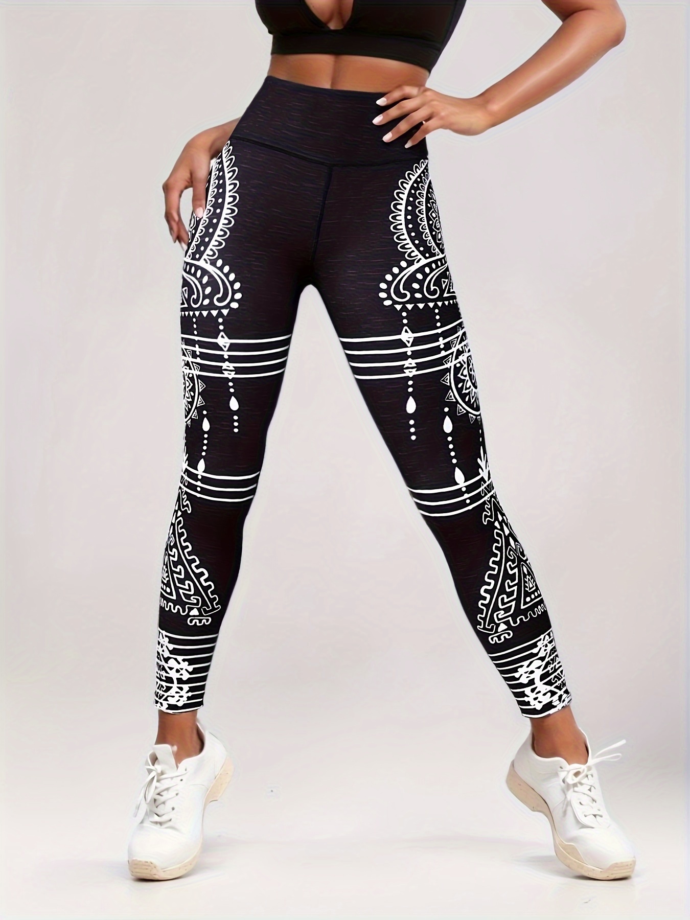 Paisley Print Boho Style High Waist Stretchy Sports Tight Pants, Slimming  Yoga Fitness Workout Gym Exercise Leggings, Women's Activewear