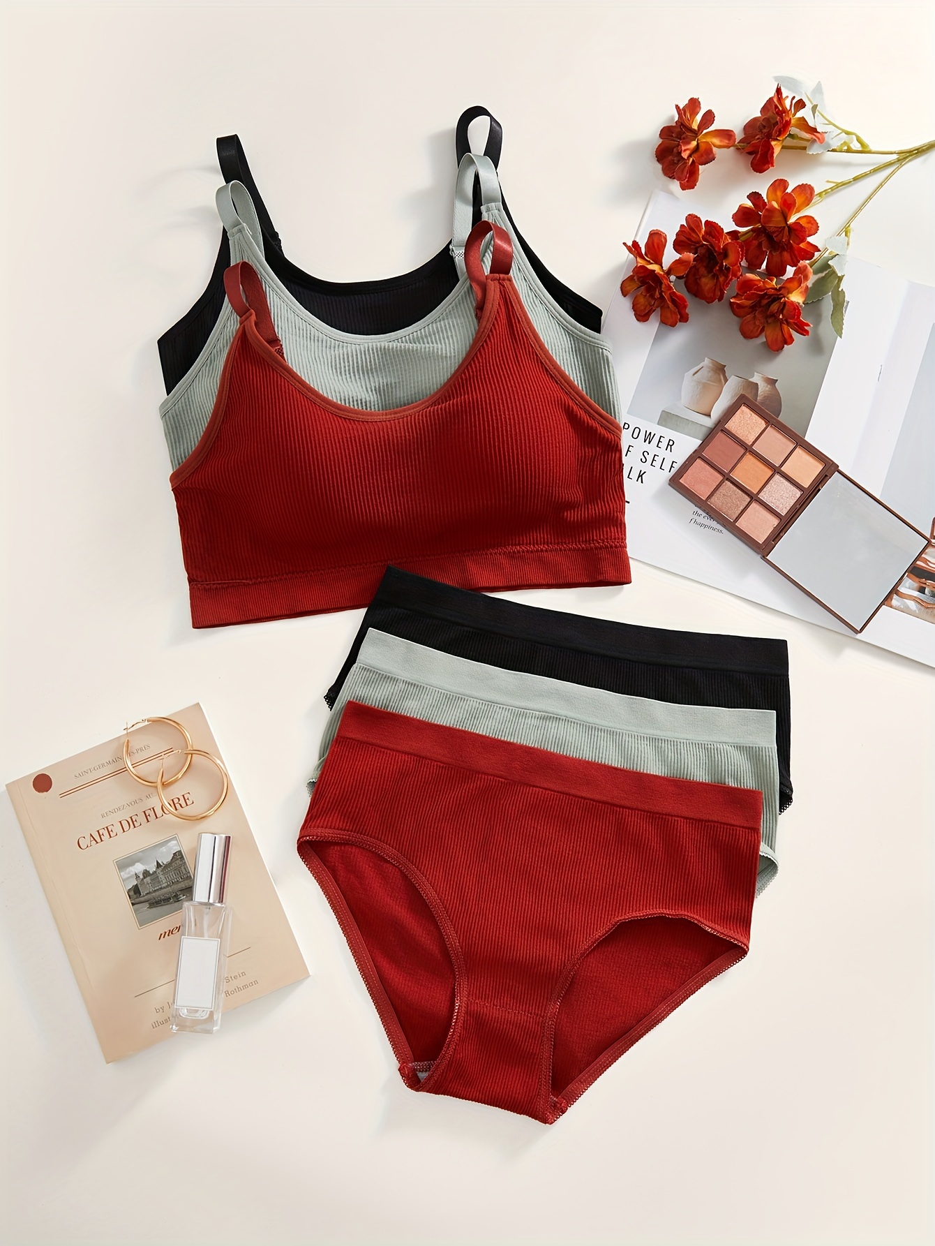 Ribbed Solid Bra & Panties, Comfy Sports Bra & Elastic Panties Lingerie  Set, Women's Lingerie & Underwear