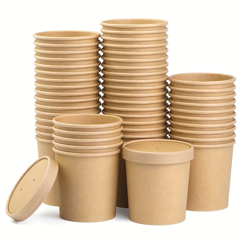 [500 Pack] 32 oz Disposable Kraft Paper Soup Containers with Vented Lids - Quart Ice Cream Containers, Frozen Yogurt Cups, Restaurant, Microwavable