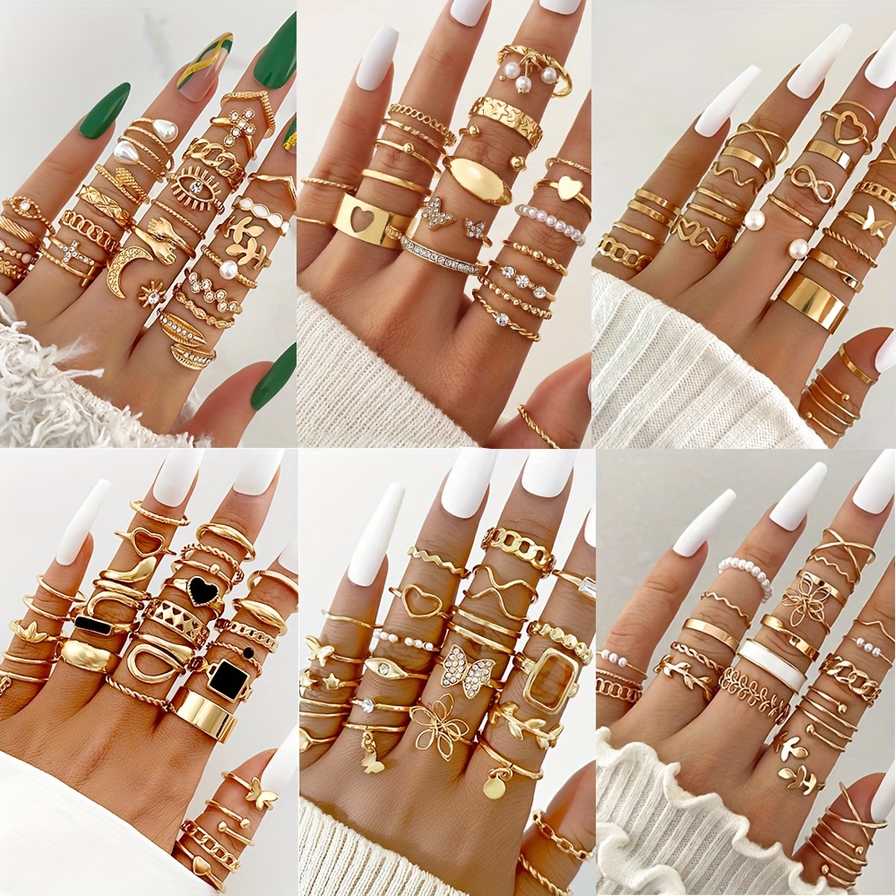 4 Pcs Wudu Nail Rings Set for Women Gold Rhinestone Nail Rings