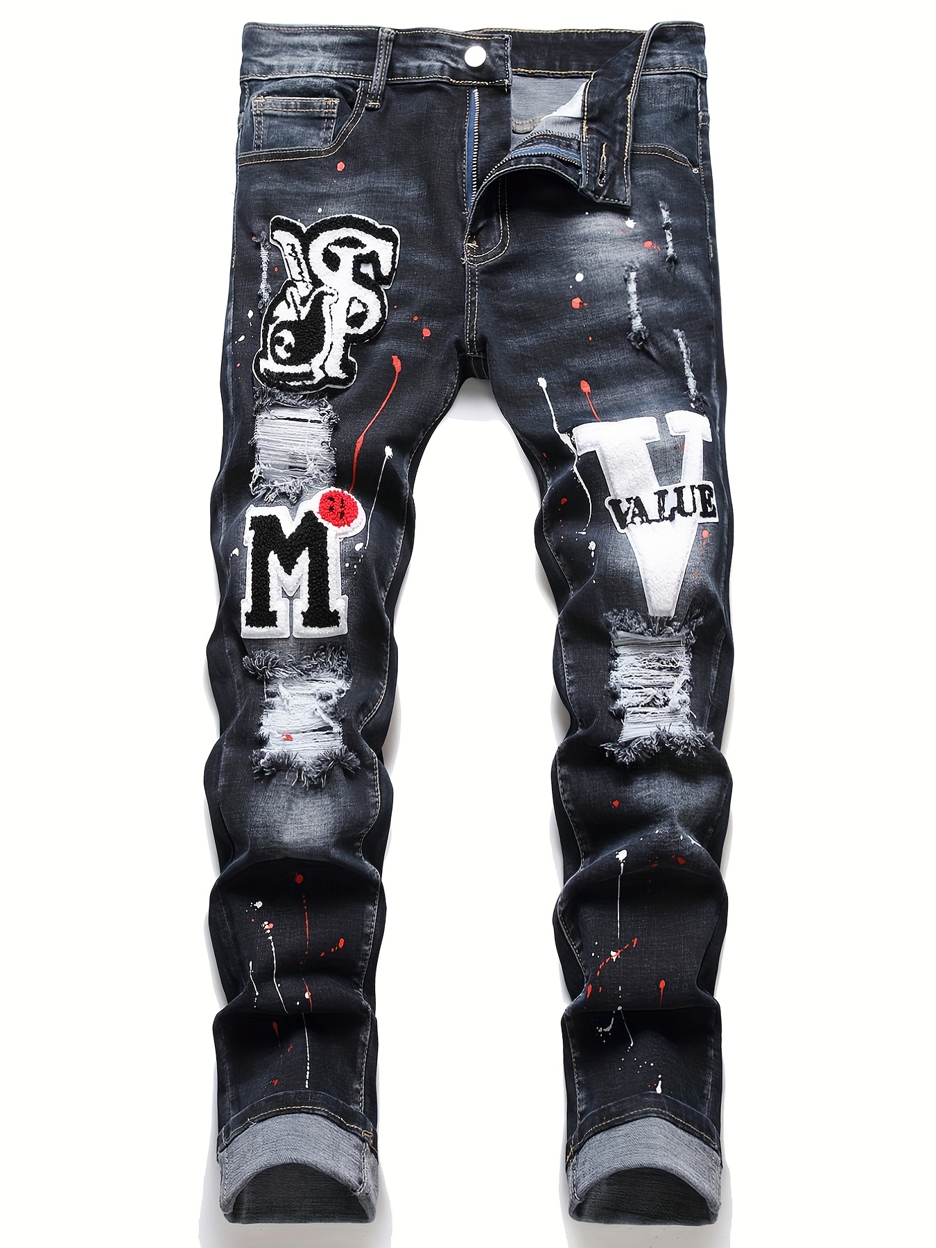 Mens Distressed Paint Splatter Jeans Retro Hip Hop Slim Jean Trousers  Vintage Washed Straight Fit Denim Pants (Black,S) : : Fashion