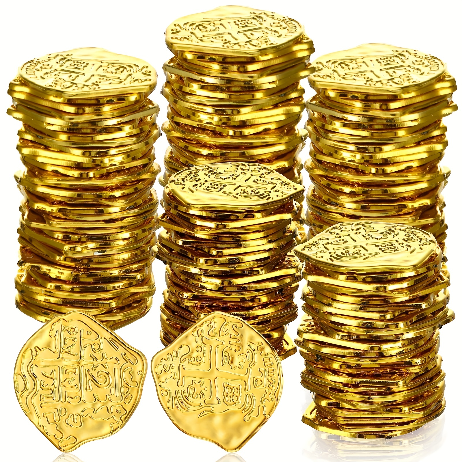 Monedas de pirata de oro de plástico, 100 unidades, monedas de juguete de  oro pirata a granel con tarro de monedas, pequeño juego de plástico dorado