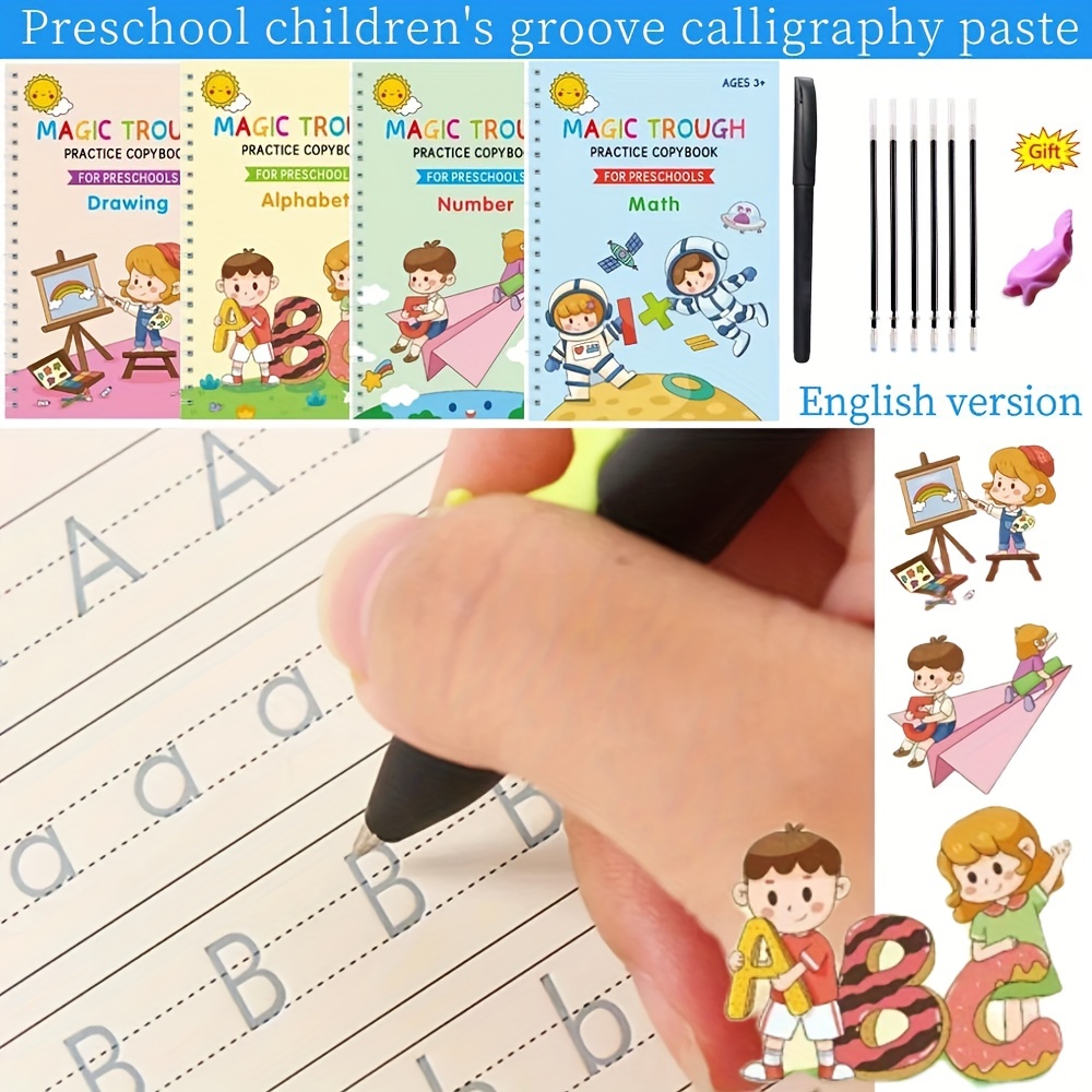 Grooved Handwriting Book 4pcs Magic Writing Workbooks With Pen Hold Aid  Tool Preschools Tracing Book Letter Writing Copy Book - AliExpress