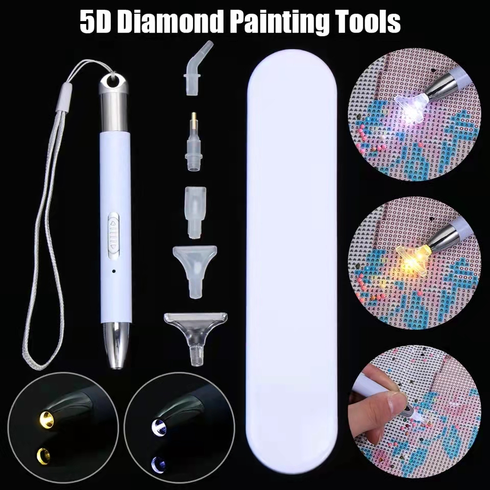 27 Pieces Diamond Painting Drill Pen Set, 2 Light Modes Diamond Painting  LED Drill Pen with Light with 6 Replacement Pen Head and 20 Pieces Painting