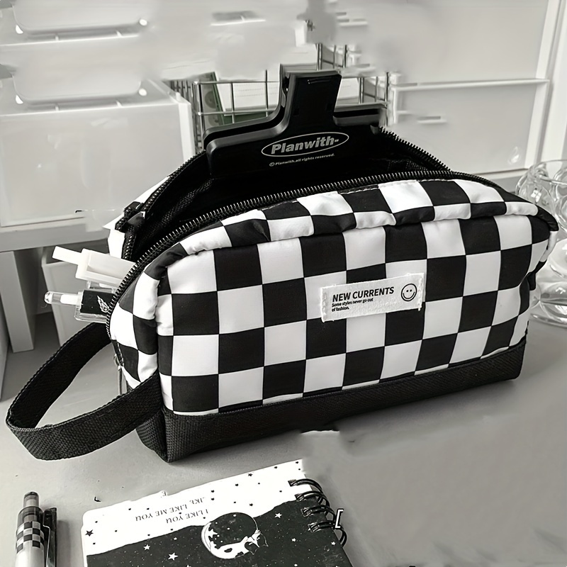Checkerboard Pattern Makeup Bag, 1pc Large Capacity Contrast Knit