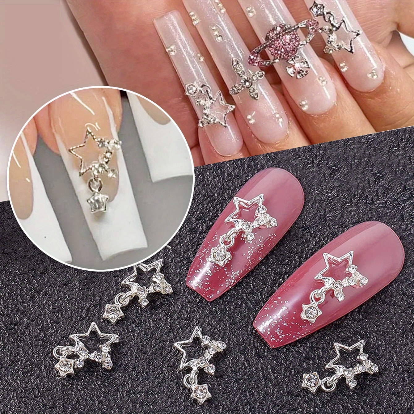 10pcs/Pack Planets Nail Charms Clear Pink Saturn Nail Decorations 3D Shiny  Nail Supplies Rhinestones DIY Nail Design Accessories