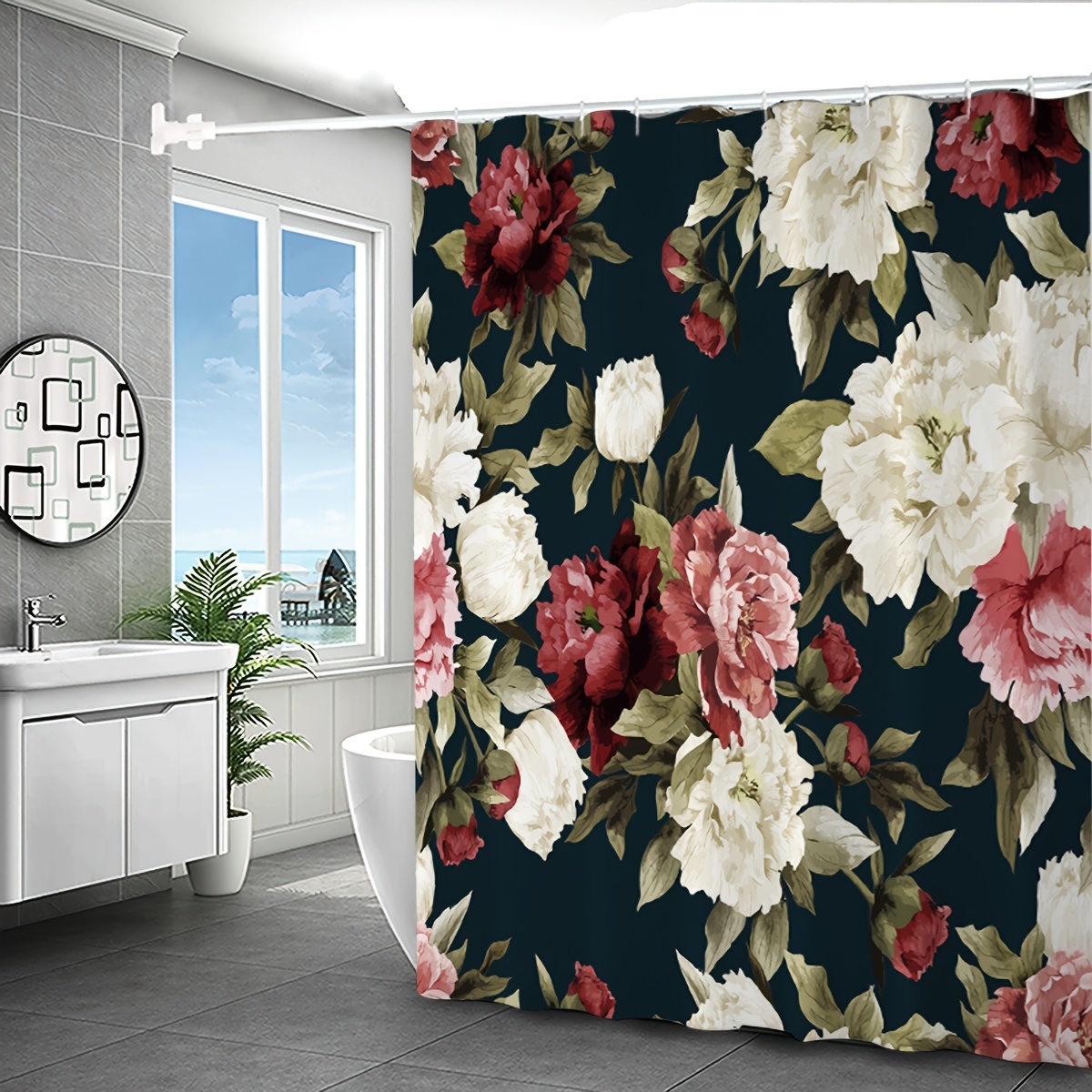 Floral Shower Curtain, Red Gray Brown Beige, Dahlia Flower Burst Bath  Curtain, Chrysanthemum Bathroom Décor, Designed by Artist 