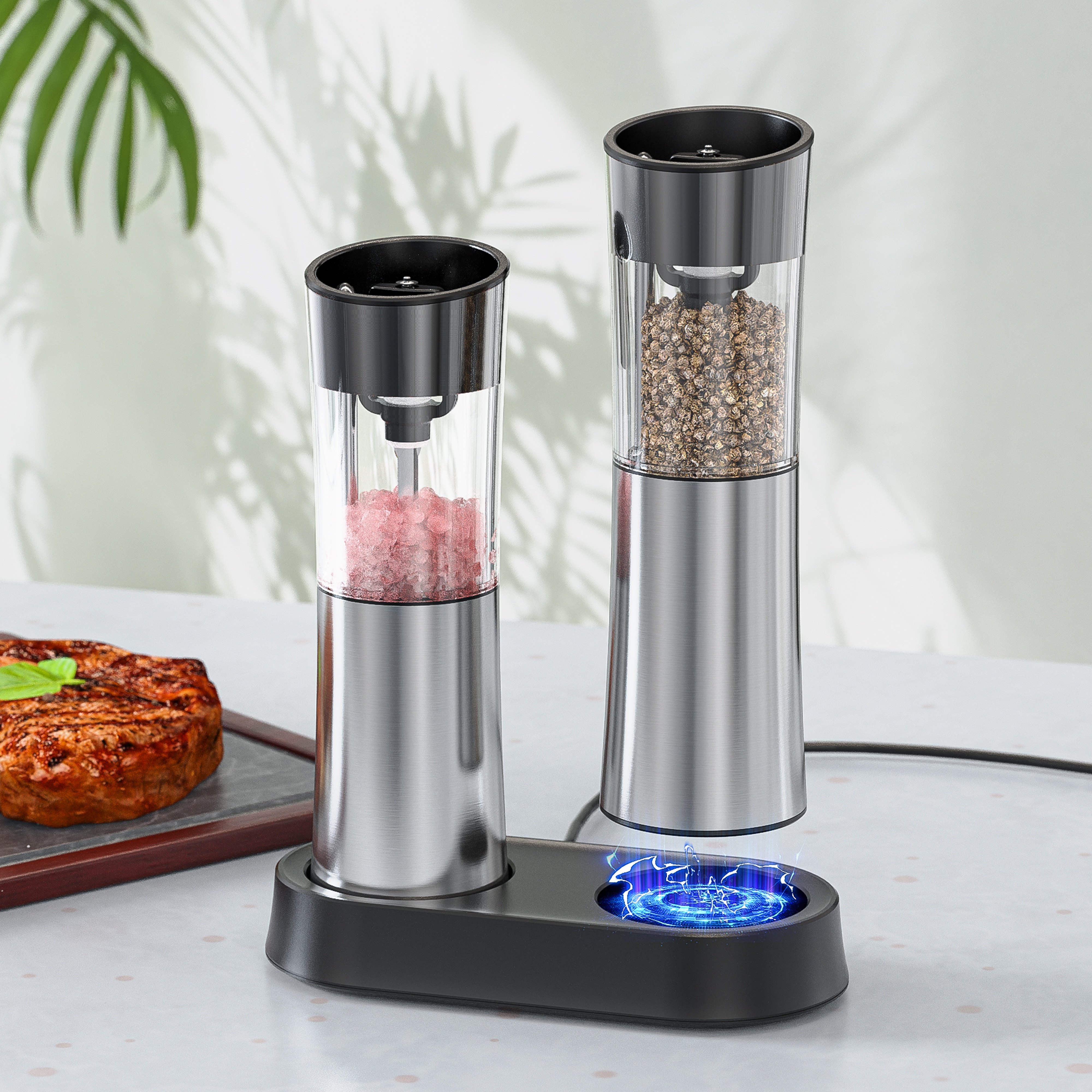 Gravity Electric Salt and Pepper Grinder Set of 2 with Stand, Battery  Powered Automatic Pepper Mill Grinder with Spoon and Brush, One Hand  Operation