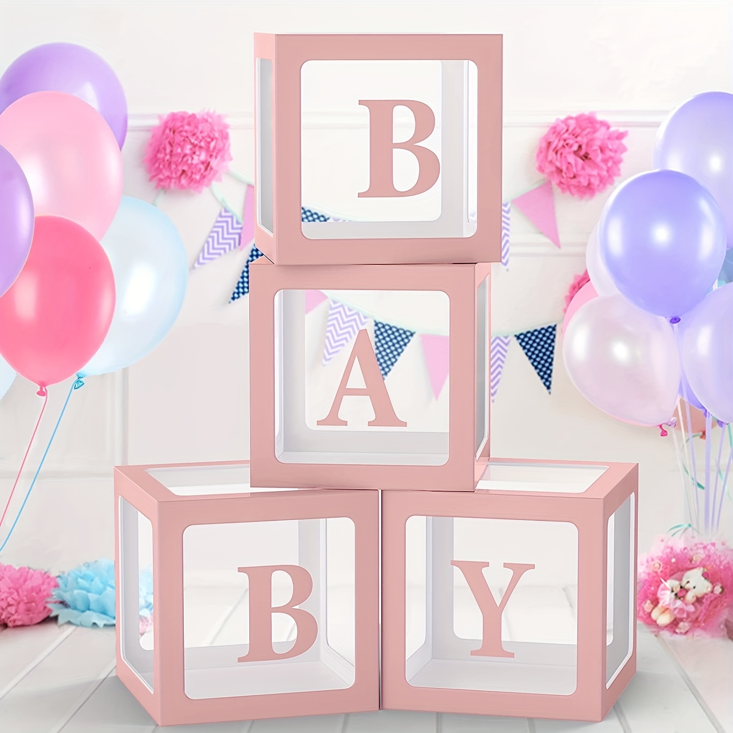  Cajas de bebé con letras para baby shower, 6 cajas  transparentes con 2 juegos de letras A-Z+B y 45 globos para decoración de baby  shower, bloque de fiesta de cumpleaños, decoración