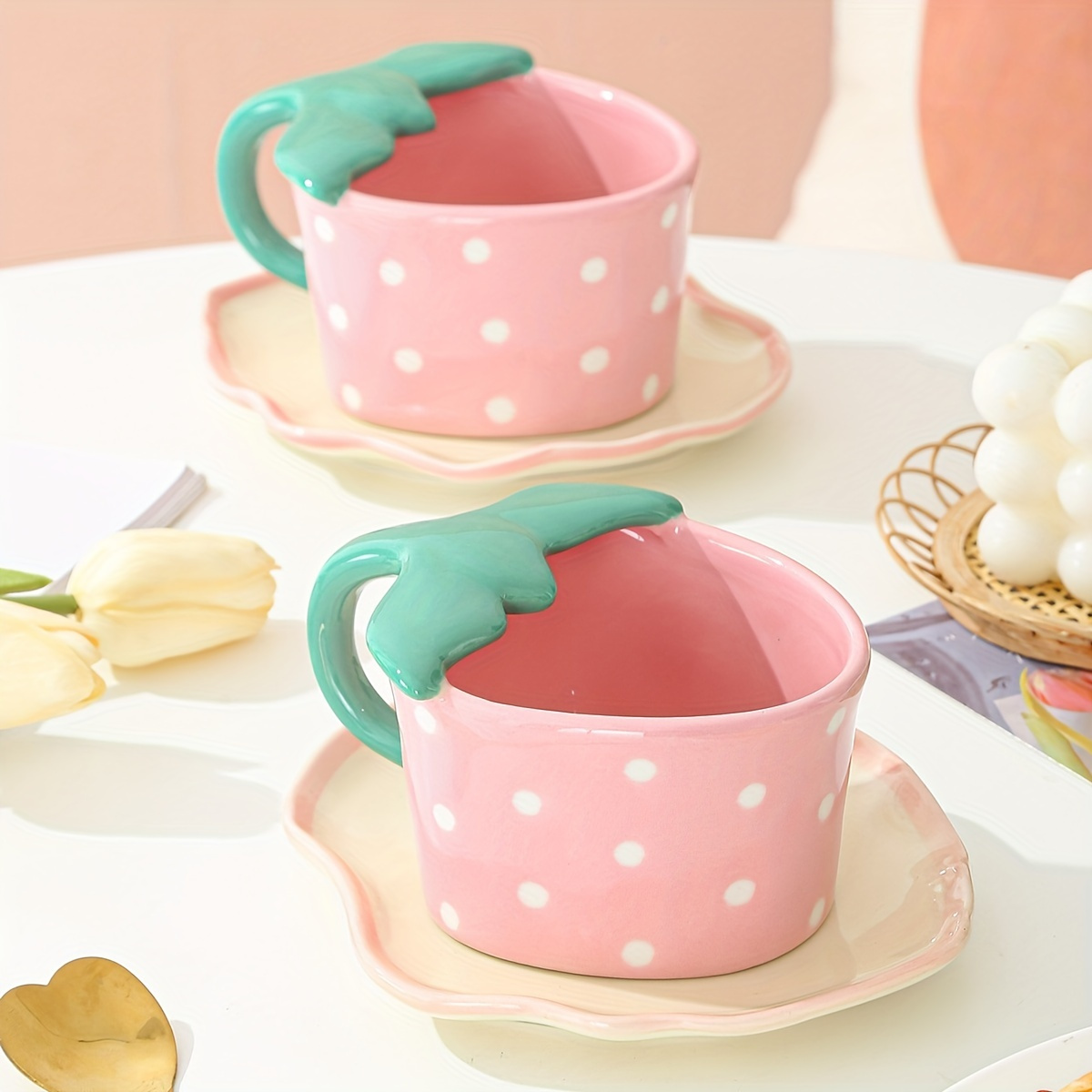 Cute Embossed Strawberry Ceramic Cup With Lid Spoon Water - Temu