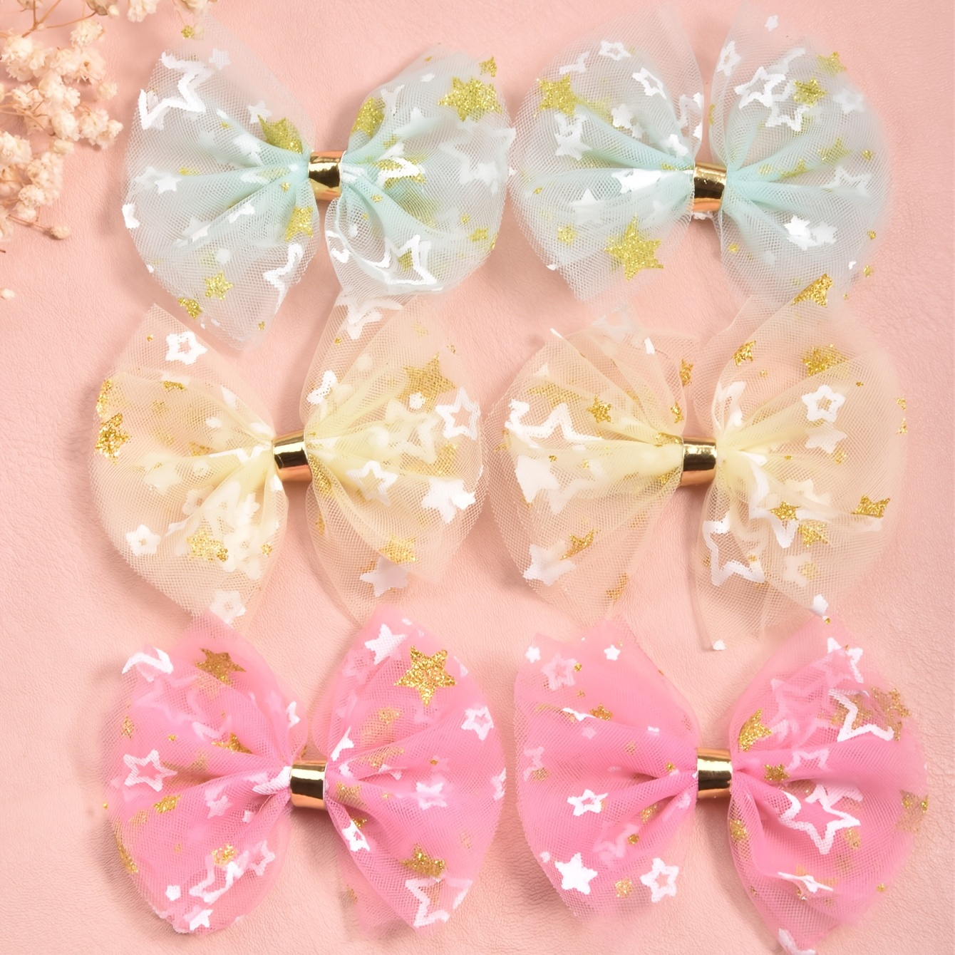 Stars Tulle Gold Bows- Baby Tulle Bow clips headband pastel sparkly  birthday bows