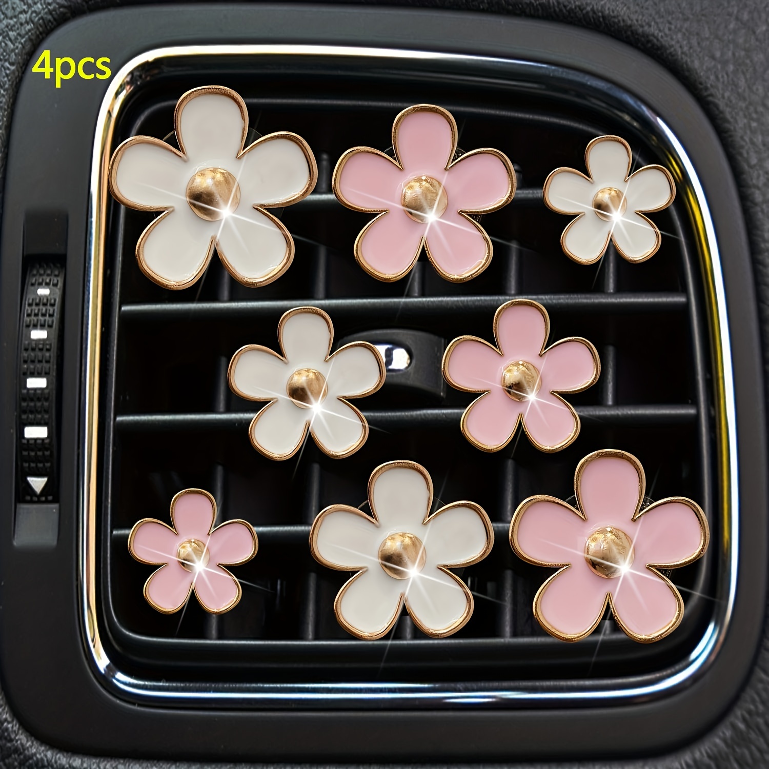 15 Pcs Car Accessories Set Leather Steering Wheel Cover Seatbelt Cover  Bling Car Ring Sticker Center Console Pad USB Port Flower Air Vent  Clip（Pink）