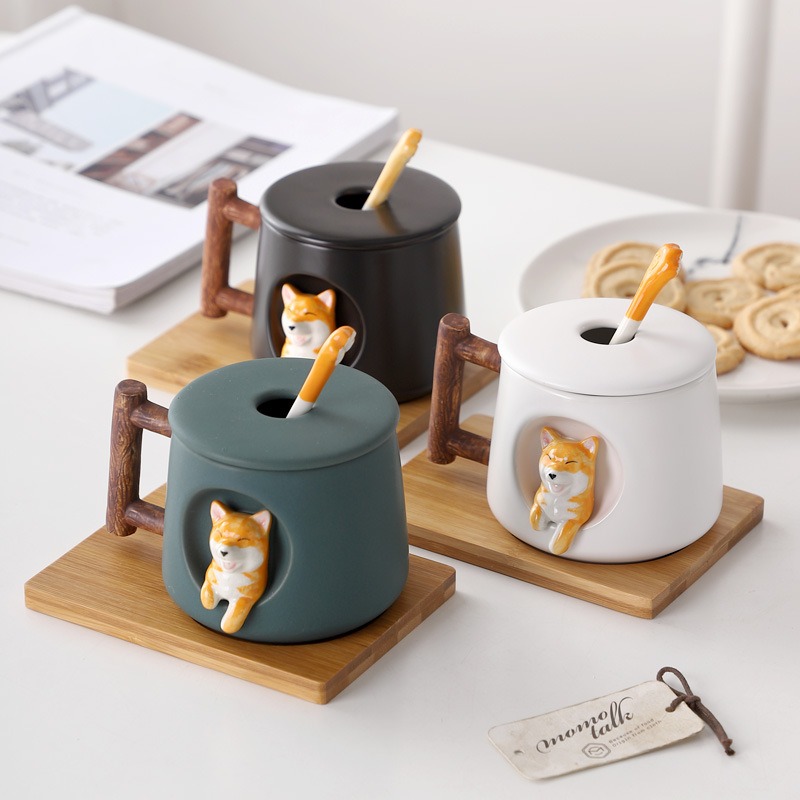Ceramics Cute Cat Cup Shiba Inu Coffee Cups Mug with Lid Personality Gift  Household Cartoon Kawaii Kids Breakfast Oat Milk Mugs