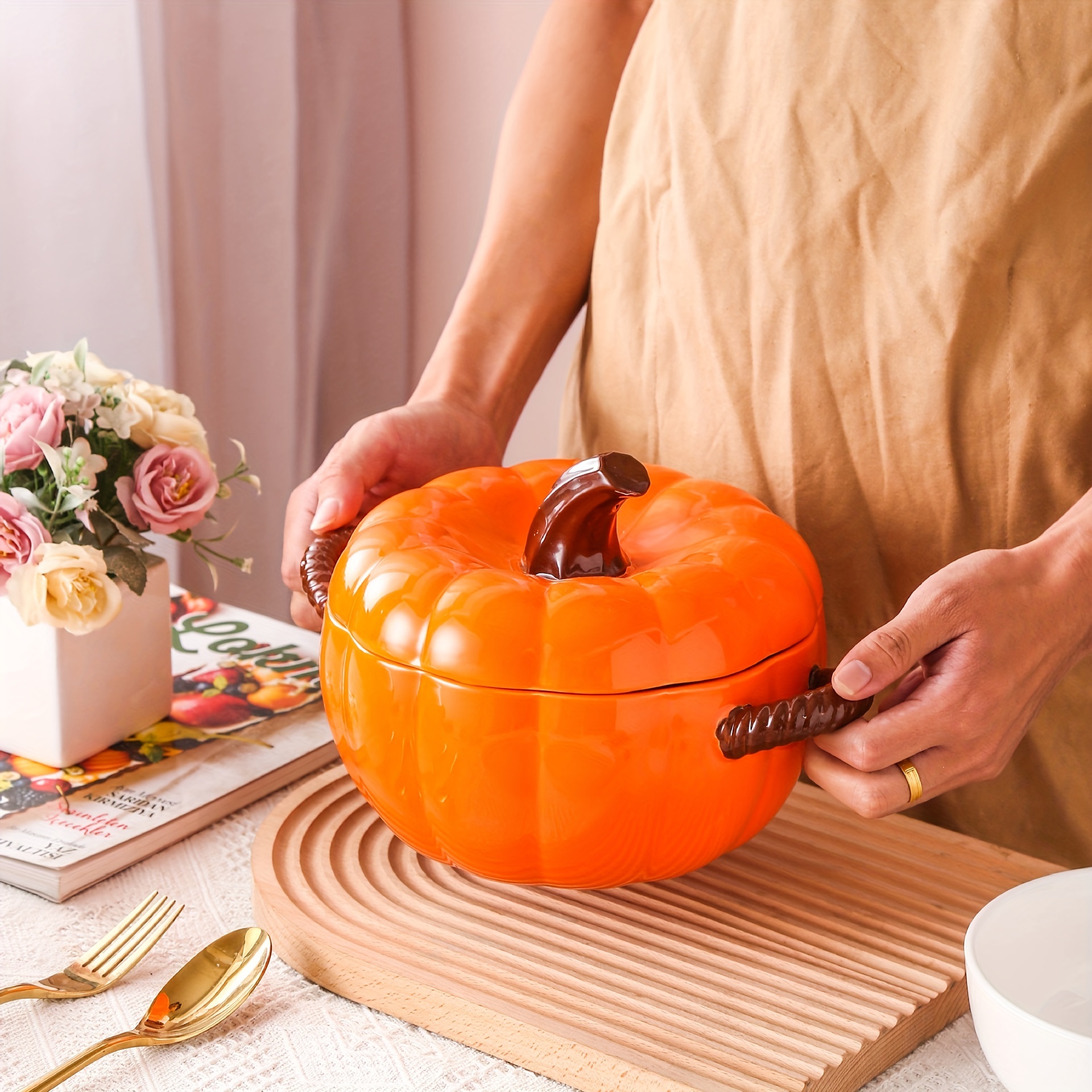 1pc, Pumpkin bowl Design Stockpot With Lid, Halloween Gift Ceramic