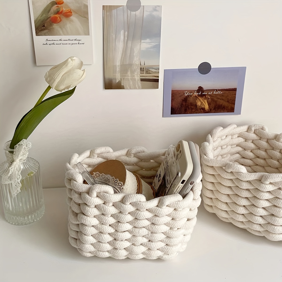 Small Woven Baskets, Empty Tiny Storage Baskets, Mini Cotton Rope Baskets, Oval Decorative Hampers, Storage Bins for Toys, Empty Gift Basket for Baby