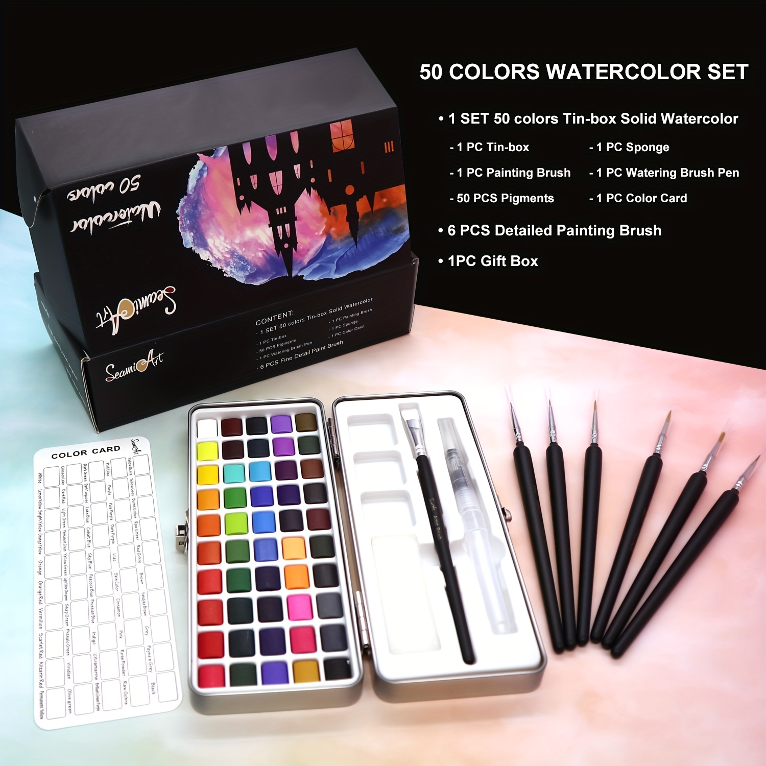 MeiLiang 52 Watercolor Paint Set, Travel Watercolors Set with Drawing  Pencil, Paint Brushes, 5 Watercolor Paper, Sponge & Black Drawing Pens,  Water