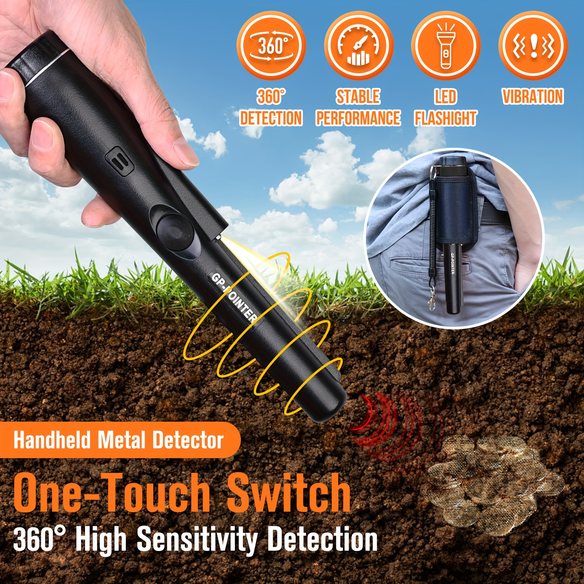 GP-POINTER Pinpointer Probe Metal Detector with Holster Treasure Hunting  Unearthing Tool Accessories Buzzer Vibration Automatic Tuning security and