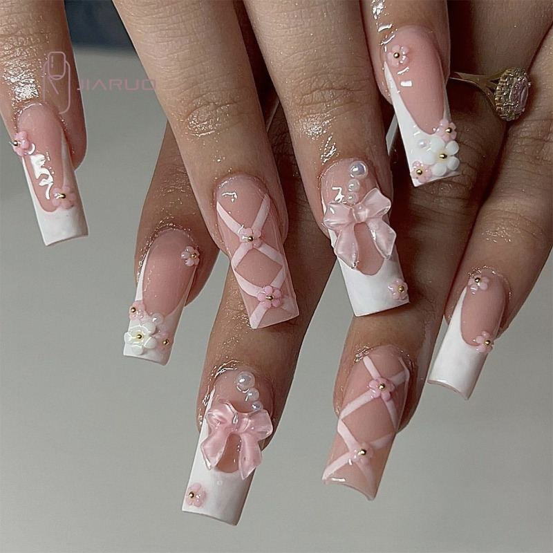 24pcs Press On Nails Medium Coffin Fake Nails White French Tip Ballerina  Acrylic Nails With 3D Bow And Pearl Design Glossy Sweet Valentine's Day  Glue