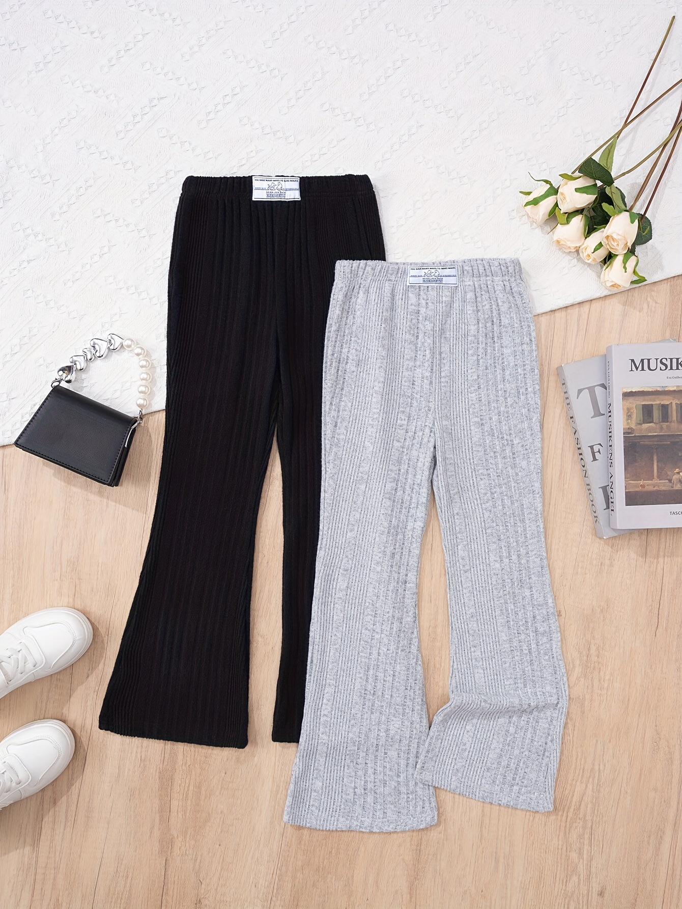 3pcs Girls Solid Casual Sweatpants, Flannel Elastic Waist Fall/ Winter  Everyday Pants, Suitable For 5-12 Years Old