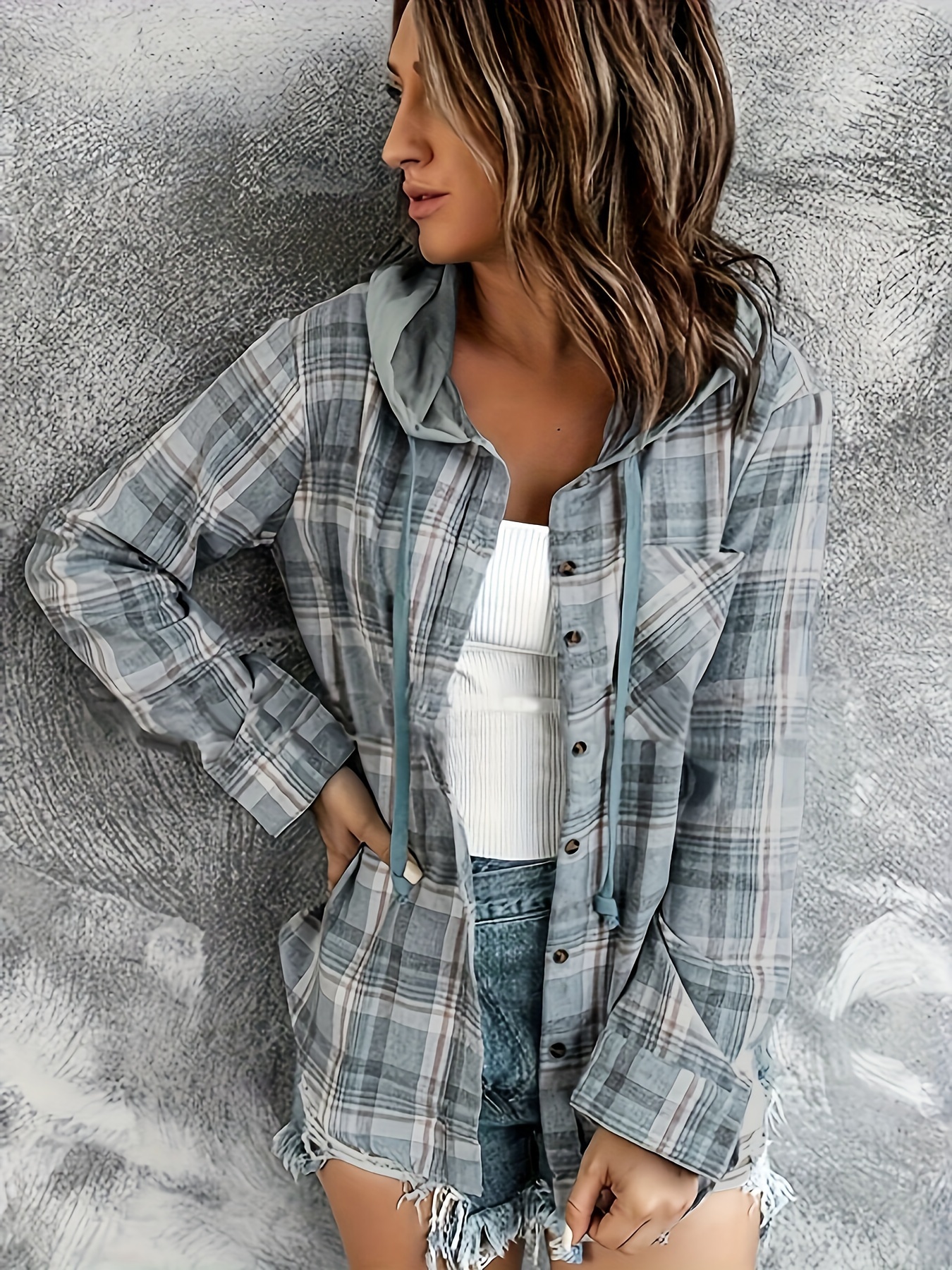 Plaid Splicing Button Decor Cable Hoodie Casual Long Sleeve - Temu