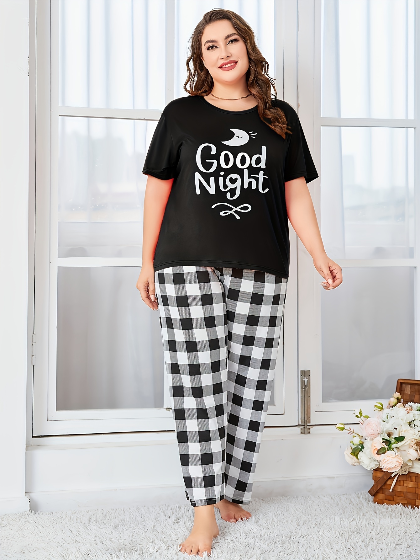 Plus Size Casual Pajama Set, Women's Plus Ombre Leopard Print Short Sleeve  Top & Pants Pajama Two Piece Set