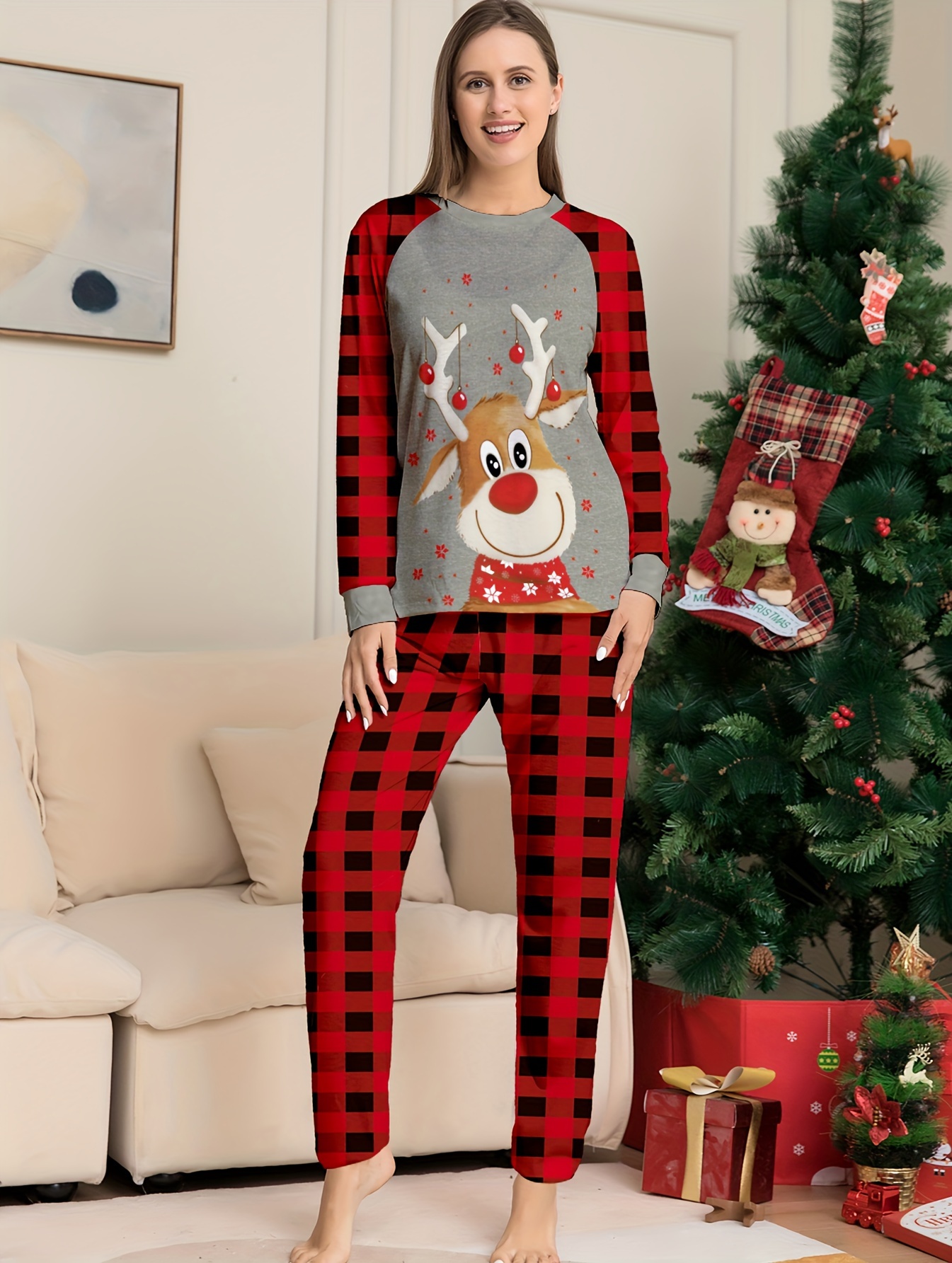 Women's Christmas Cute Deer Pattern Comfortable Thermal Pajama Set