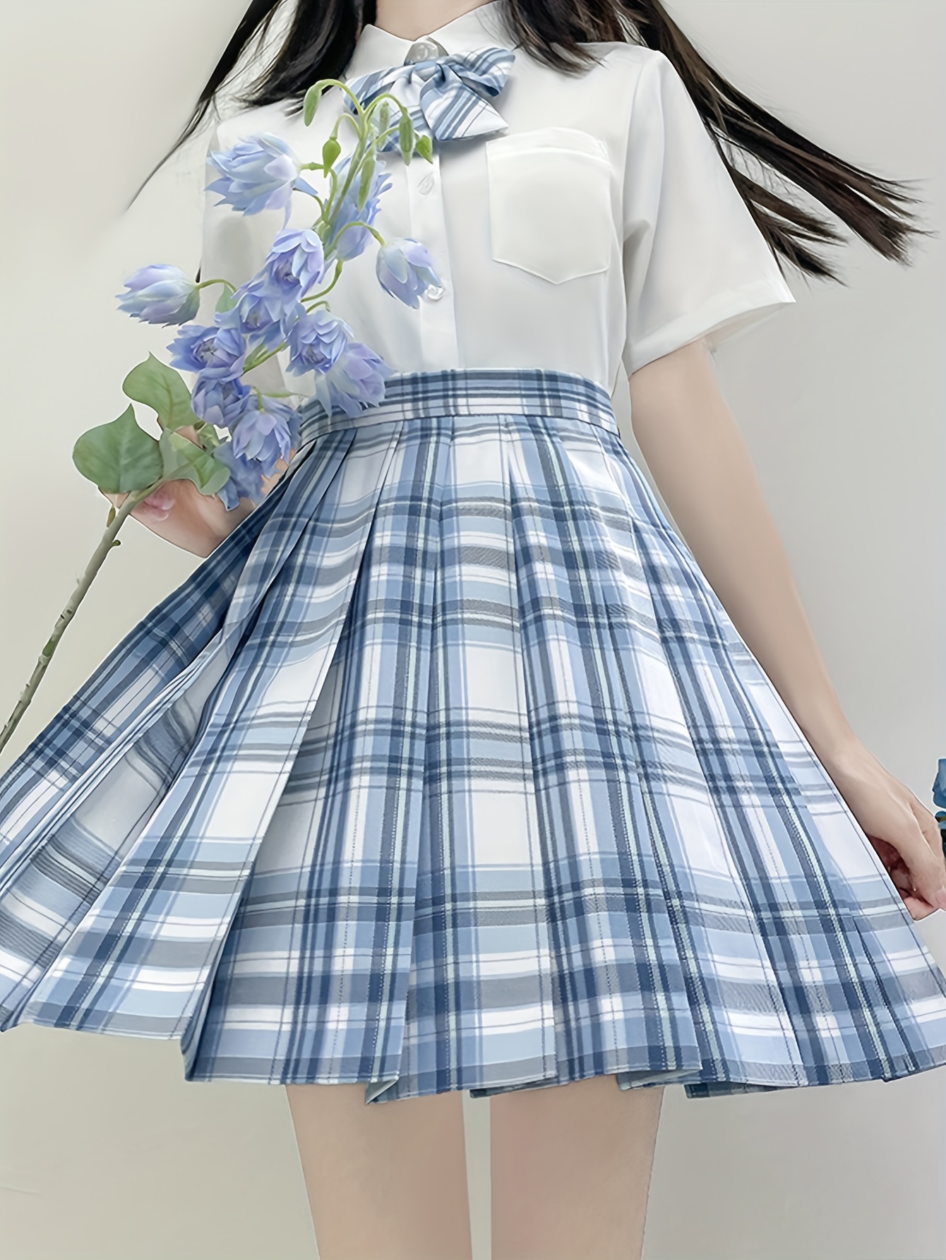 Falda larga de uniforme para mujer de cintura alta elástica, línea A, lisa,  plisada, con vuelo, para colegiala