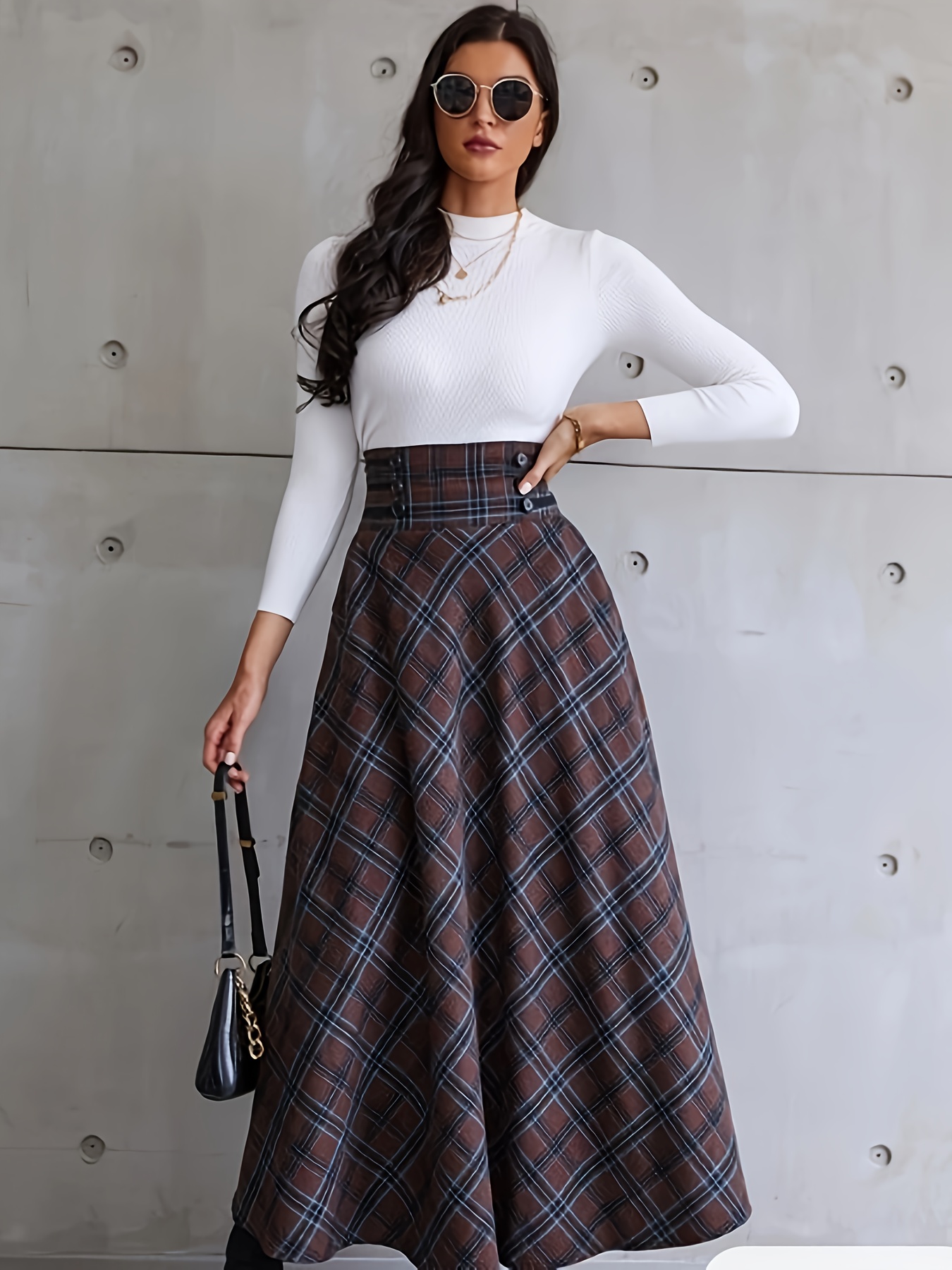 Plus Size Plaid Pattern Short Sleeve Knot Front Crop Top & Maxi Skirts Set,  Women's Plus Medium Stretch Casual 2pcs Set Outfits, Women's Plus Size Two