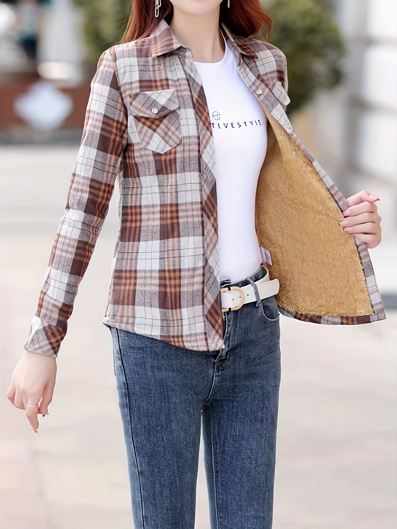 Plaid Print Flap Pockets Shirt, Casual Long Sleeve Thermal Shirt For Spring  & Fall, Women's Clothing