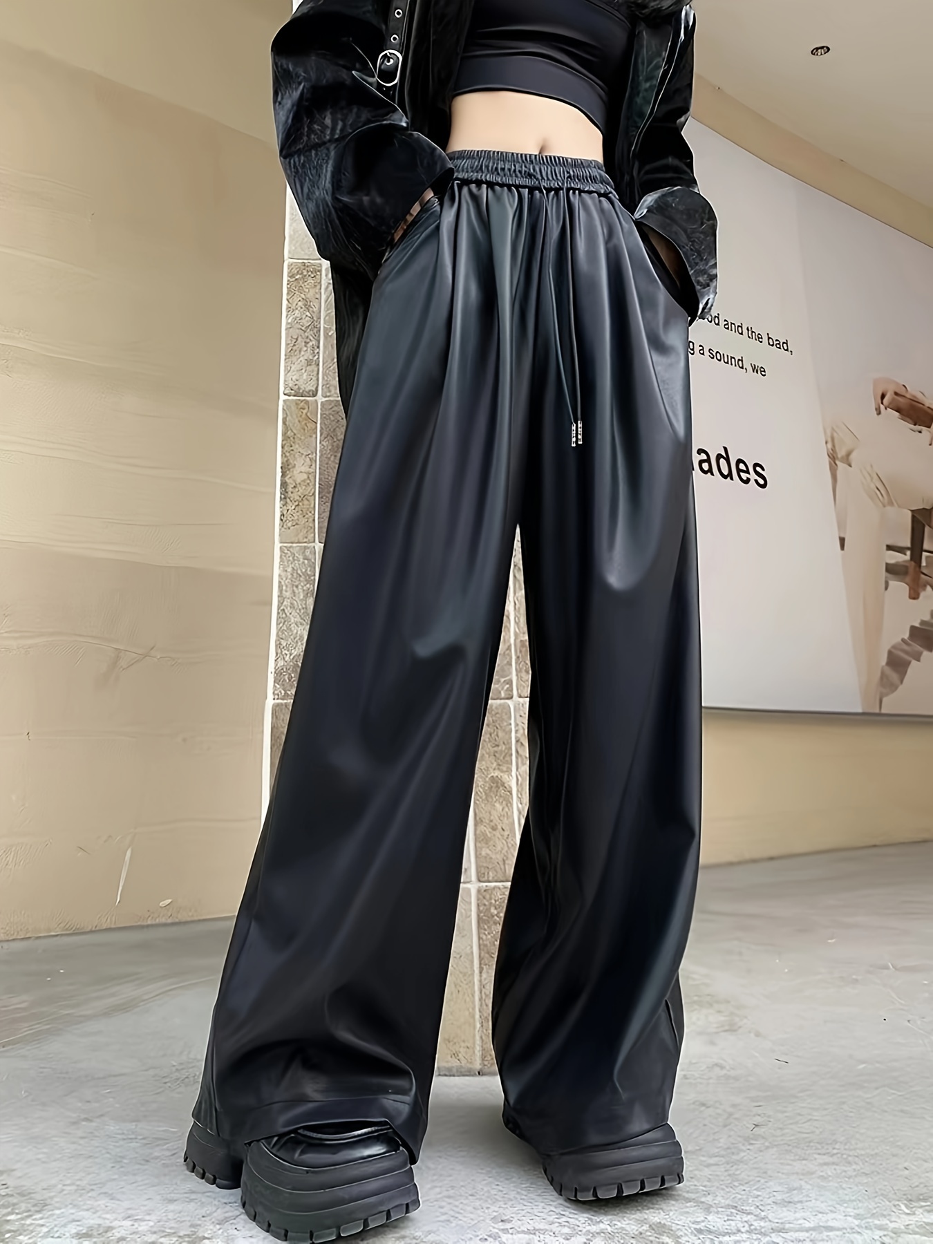 Pantalones de harén casuales para mujer, con cremallera de cadena,  holgados, de cintura alta, largos, color negro, para mujer