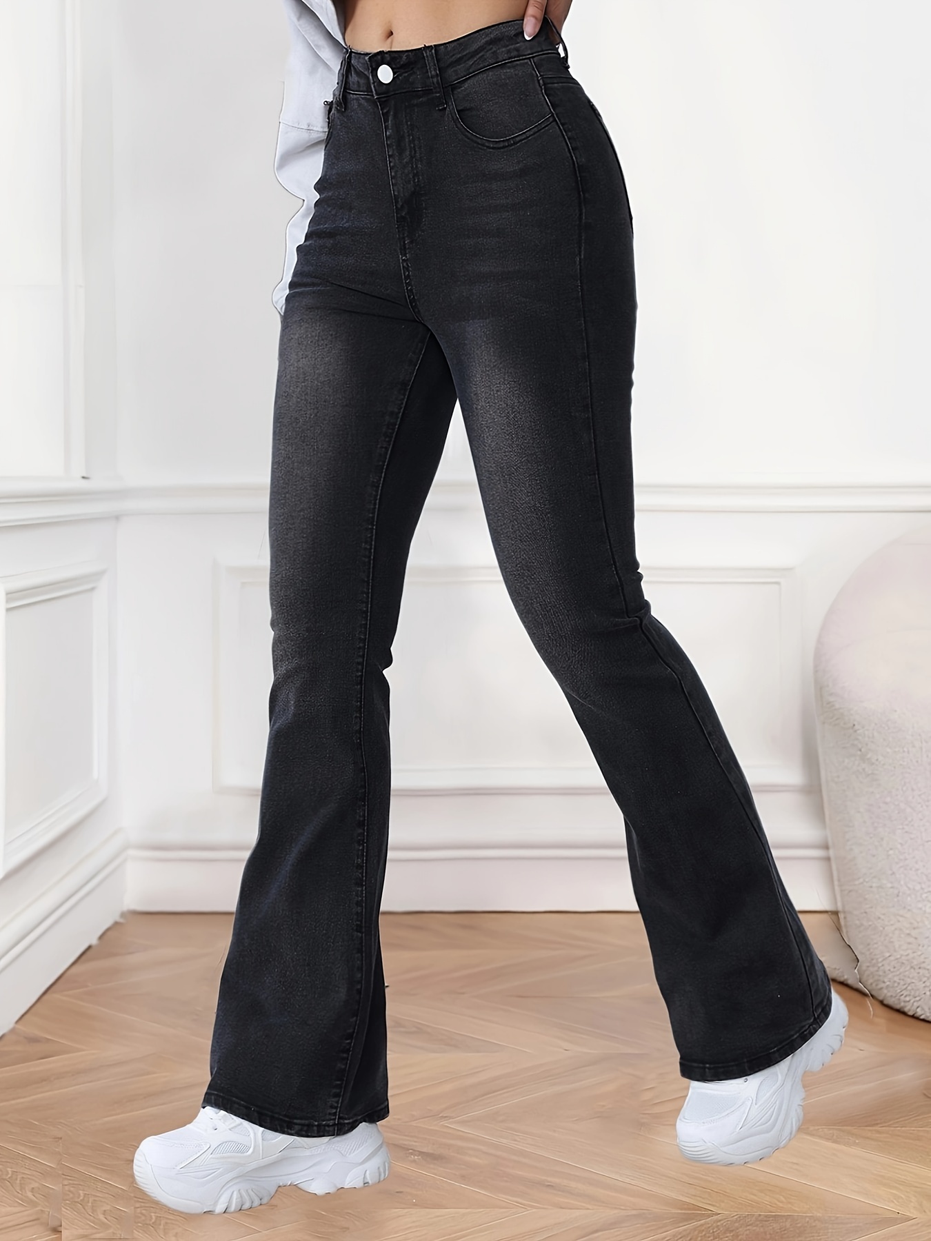 Jeans Acampanados Negros Con Agujeros Rasgados, Jeans Acampanados  Desgastados De Alta Elasticidad, Jeans Y Ropa De Mezclilla Para Mujer
