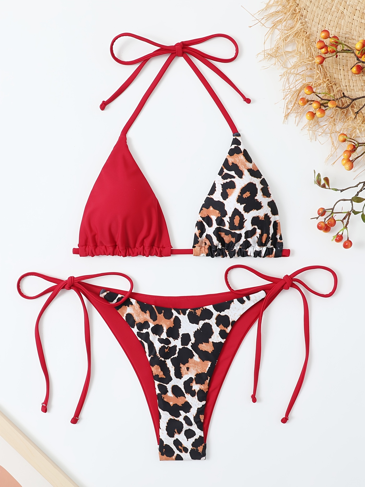 Contrast Print Leopard & Plain Design Triangle Halter Neck Tie Back Tie  Side High Cut Two Piece Bikini Sets Swimsuit, Women's Swimwear Valentine's  Day