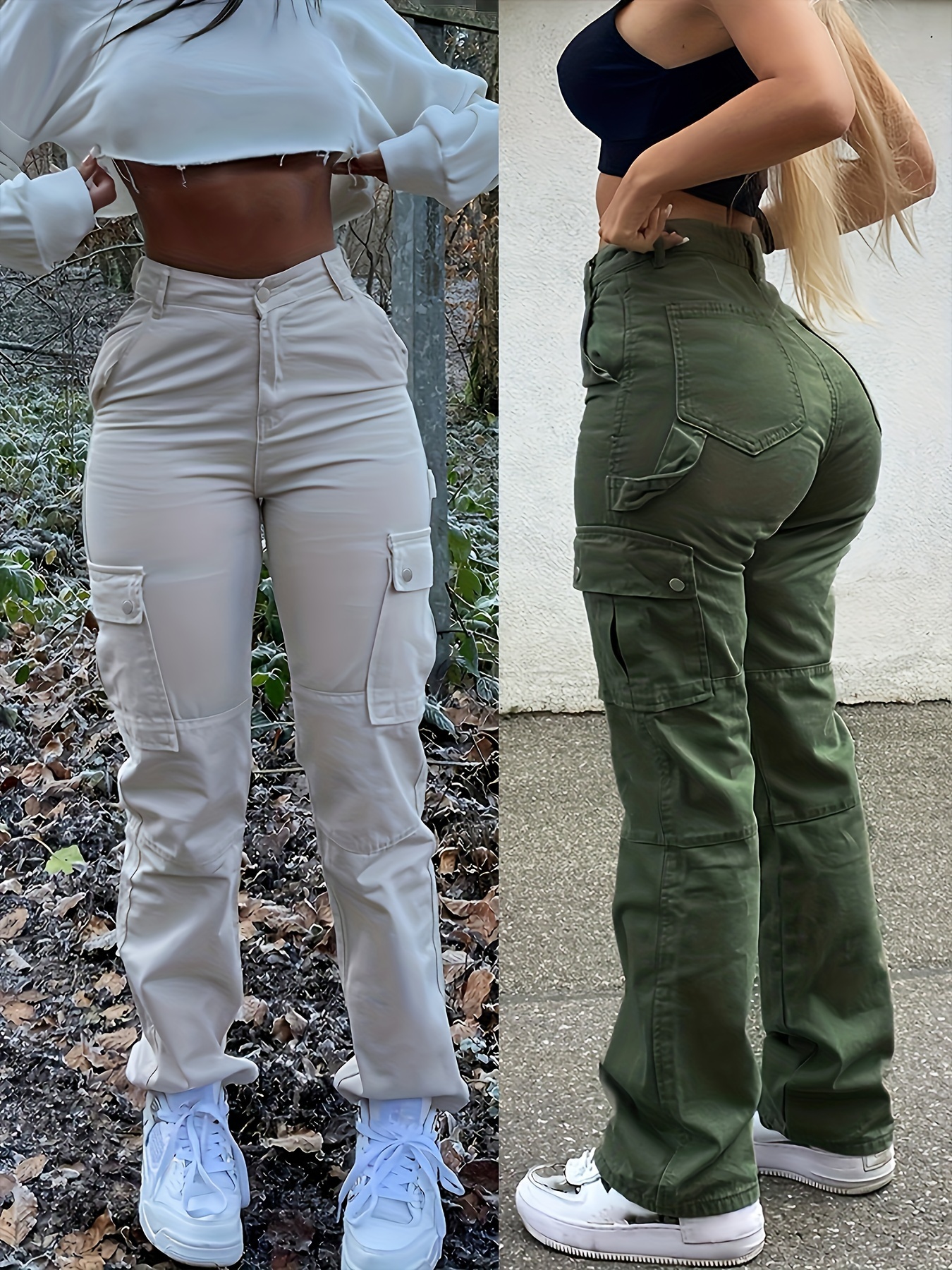 Army Green Wide Legs Cargo Pants, Flap Pockets Loose Fit Straight Jeans,  Y2K & Kpop Style, Women's Denim Jeans & Clothing