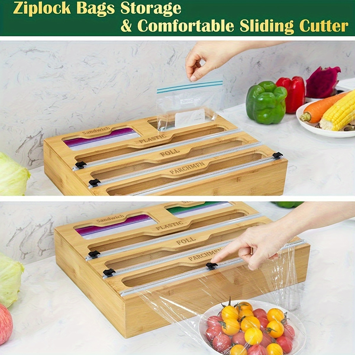 Bamboo 6 In 1 Foil and Plastic Wrap Organizer, Ziplock Bag Organizer/Holder  Wrap Dispenser With Slide Cutter, for kitchen Drawer or House Wall Use