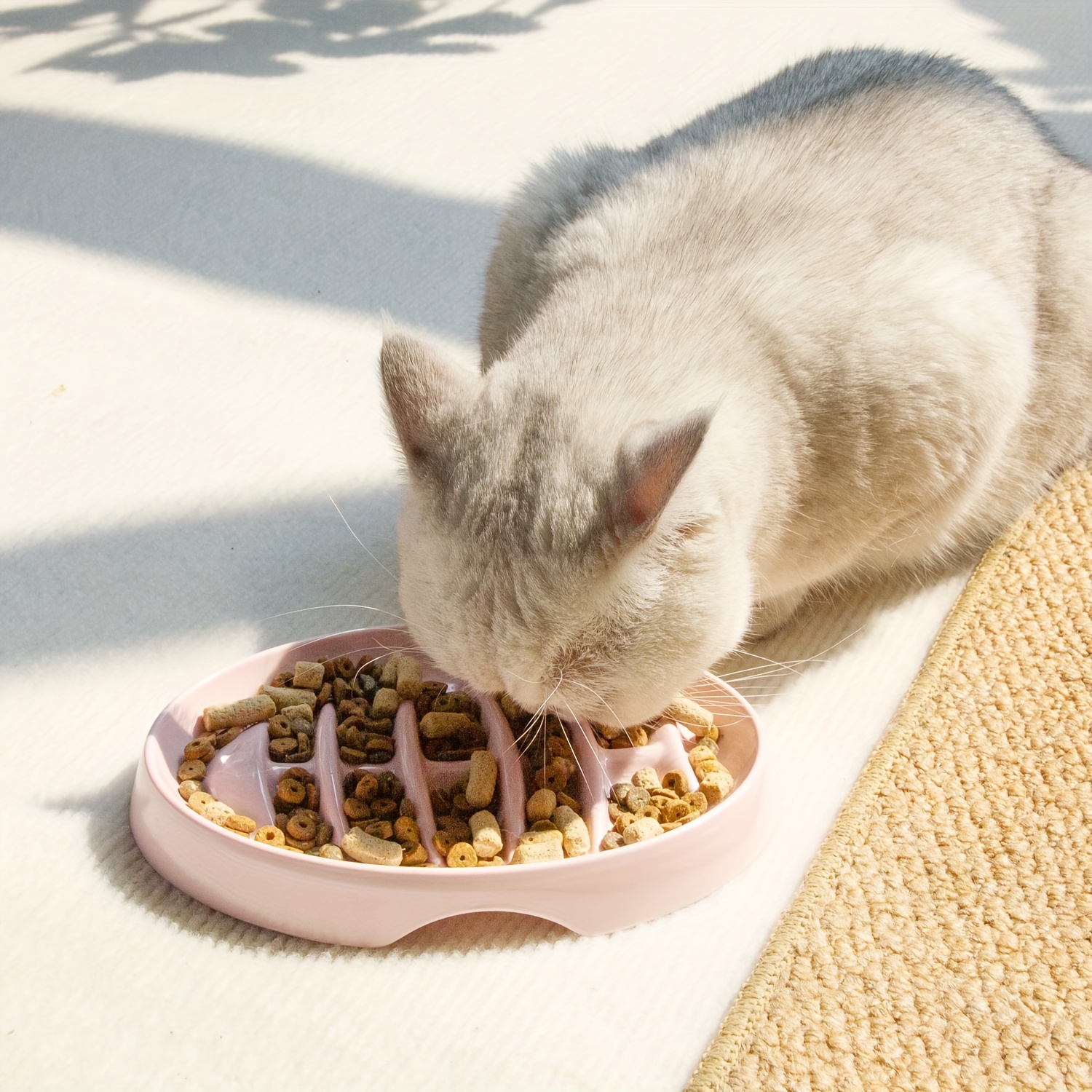 Slow Feeder Cat Bowl,Cat Puzzle Feeder Ceramic Dish with Fish Bone  Design,Fun Interactive Slow