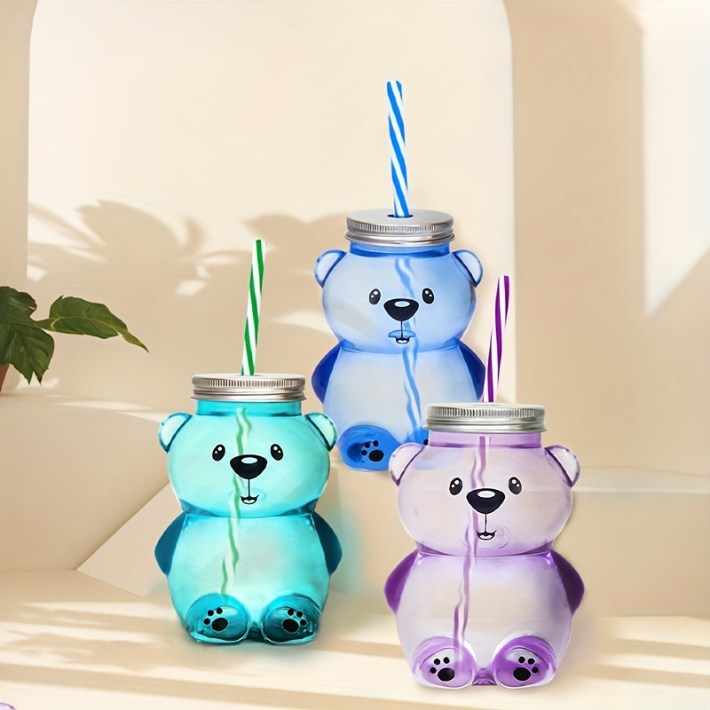Cute Kawaii Bear Cartoon Water Glass Cup with Straw & Lid