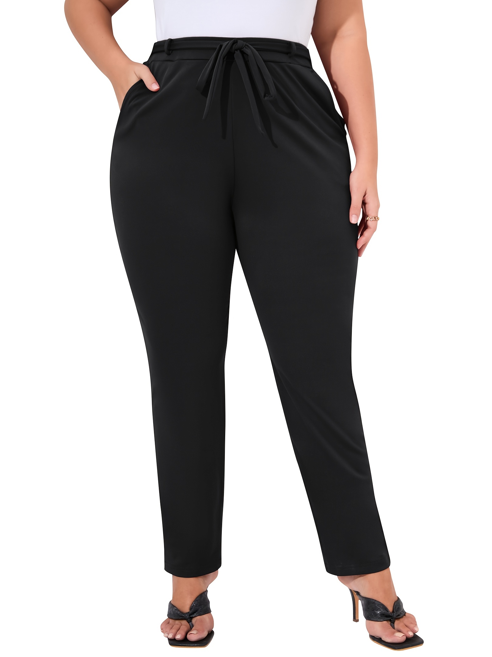 Plus Size Basic Pants, Women's Plus Solid Medium Stretch Workwear Straight  Leg Trousers