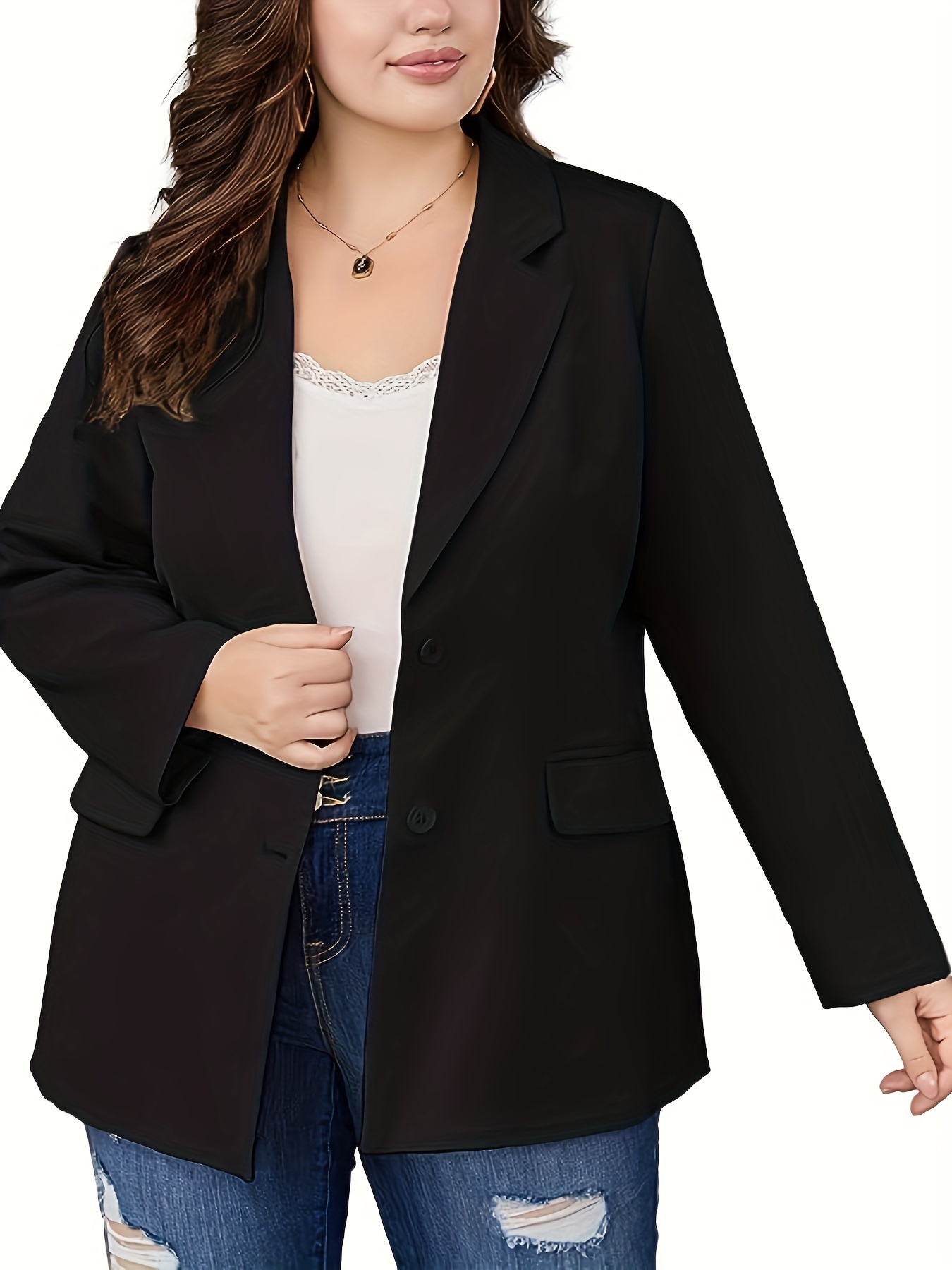 Plus Size Business Casual Suit Set, Women's Plus Solid Long Sleeve Single  Breast Button Lapel Collar Blazer & Pants Suit Two Piece Set