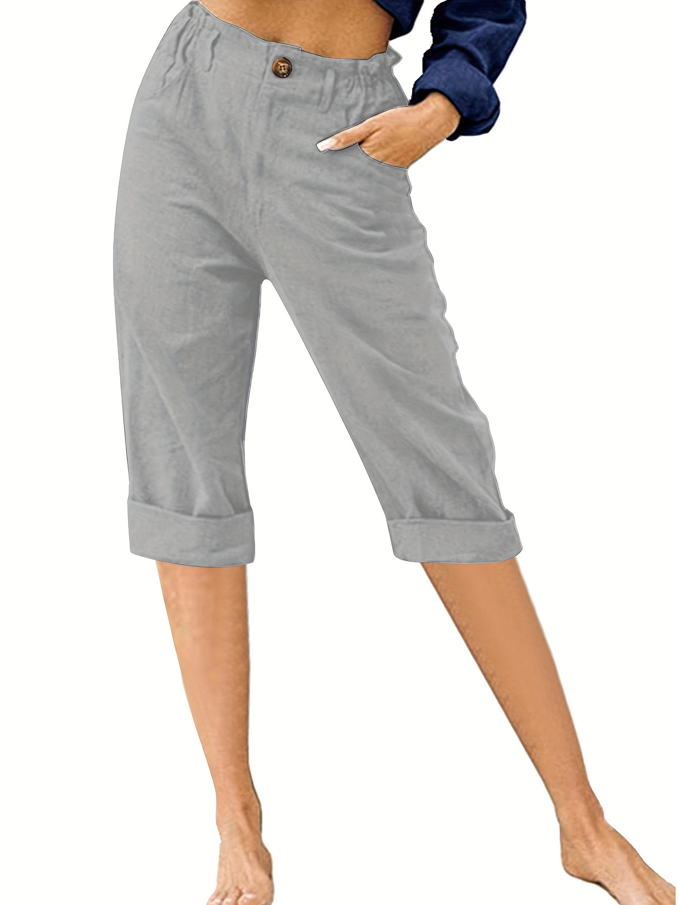 Plus Size Elegant Capri Leggings, Women's Plus Guipure Lace Side Button  Decor Capri Leggings With Pockets