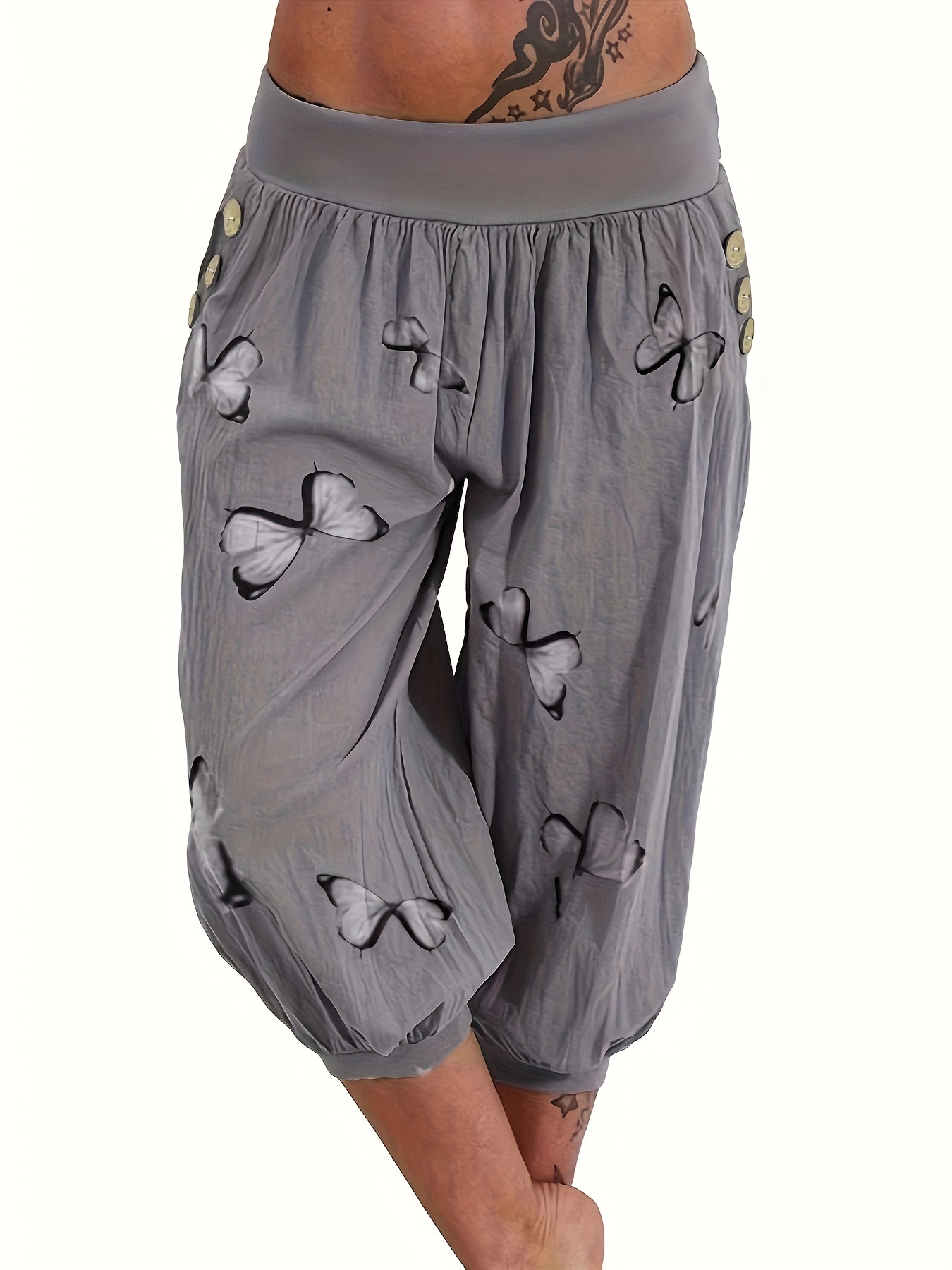 Plus Size Casual Capri Pants Women's Plus Denim effect print